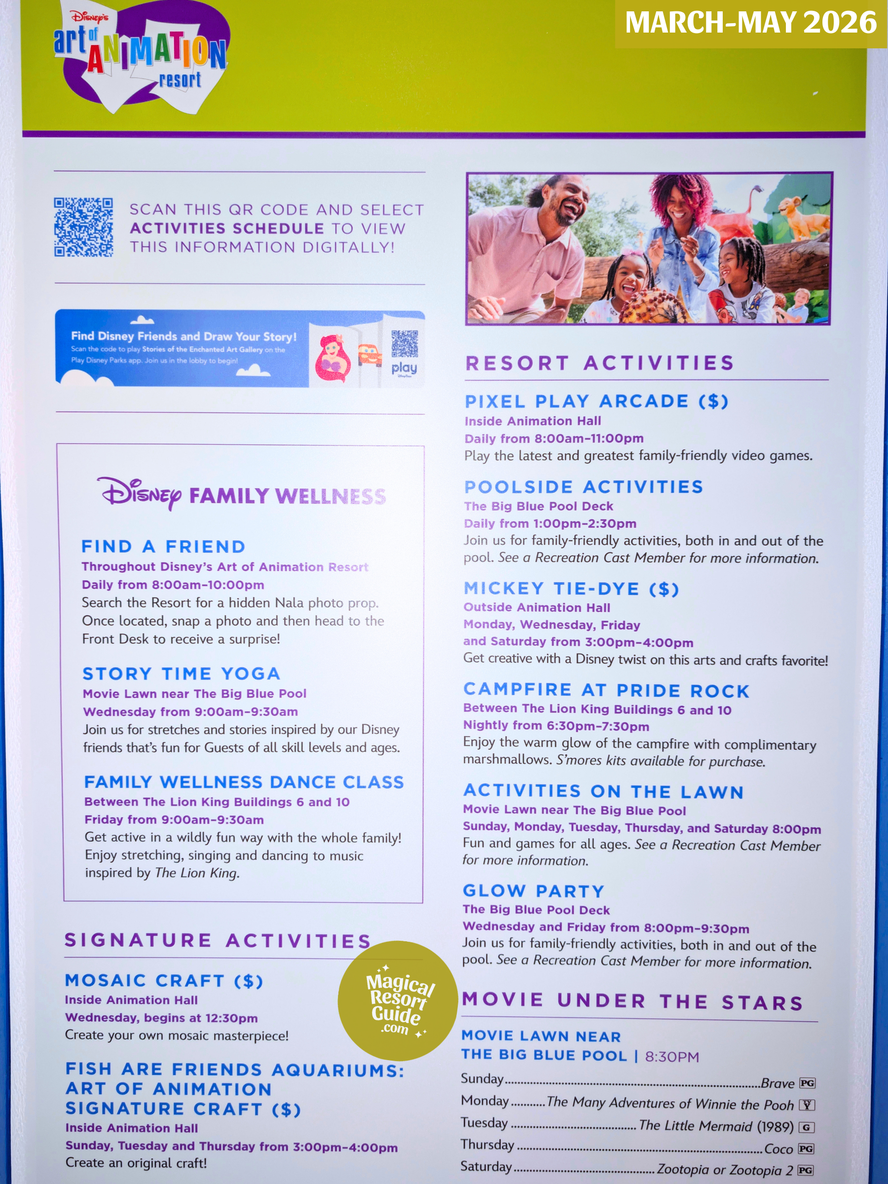 Disney's Art of Animation Resort Activity Calendar Recreation Activities March April May 2026