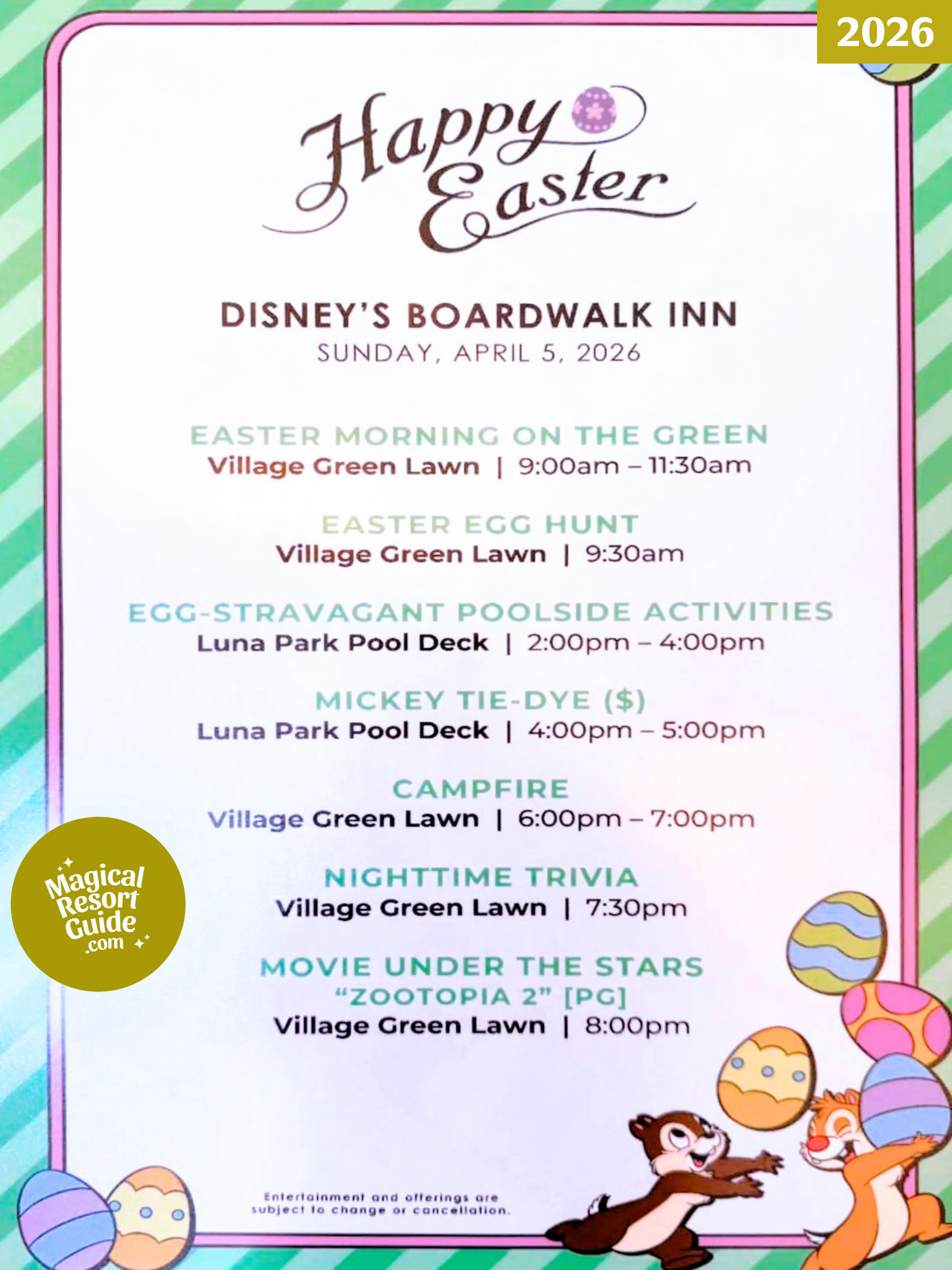 Disney's BoardWalk Inn Resort Easter Holiday Activities Activity Calendar 2026