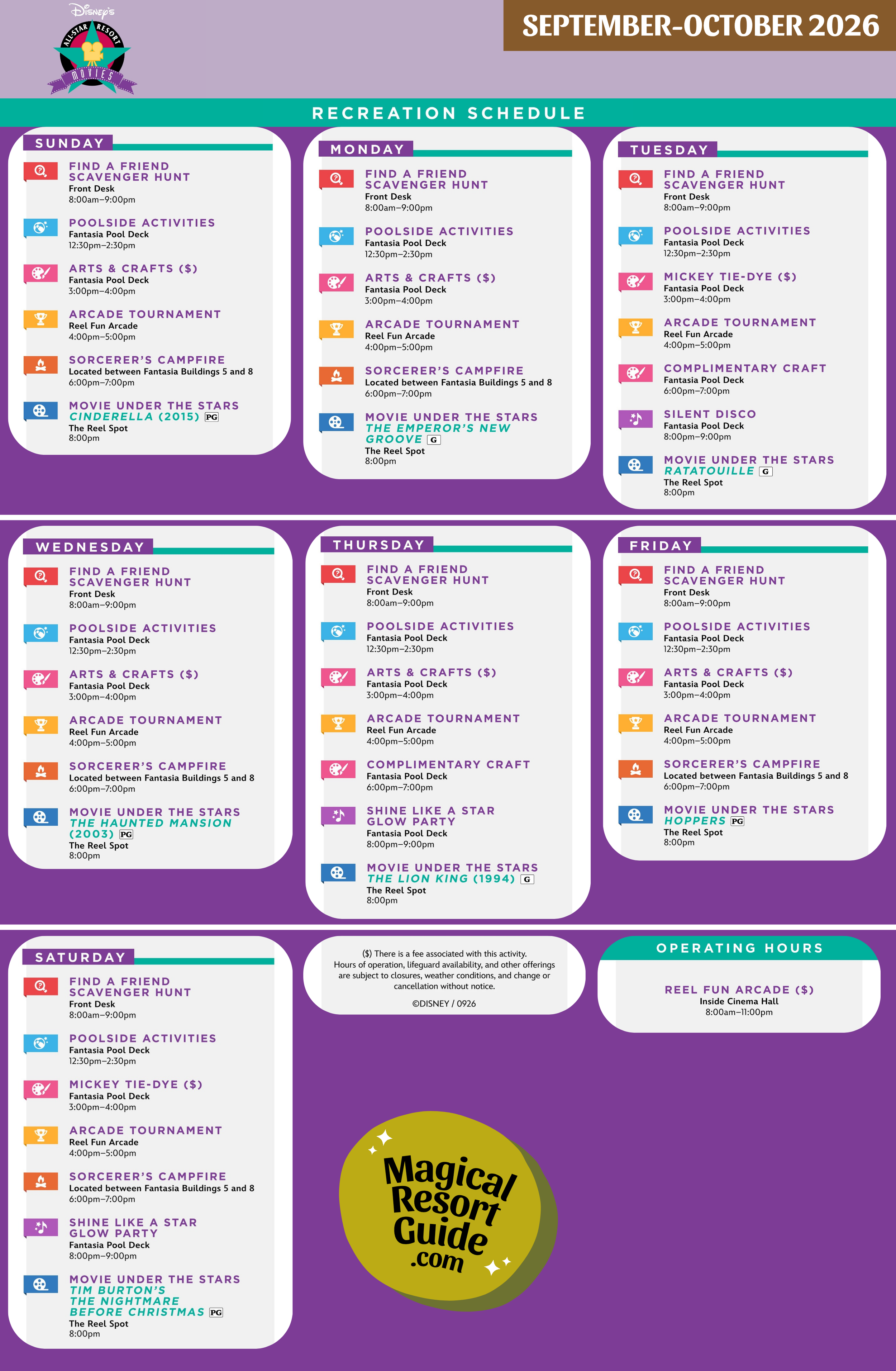 Disney's All-Star Movies Resort Activity Calendar Recreation Activities September October 2026
