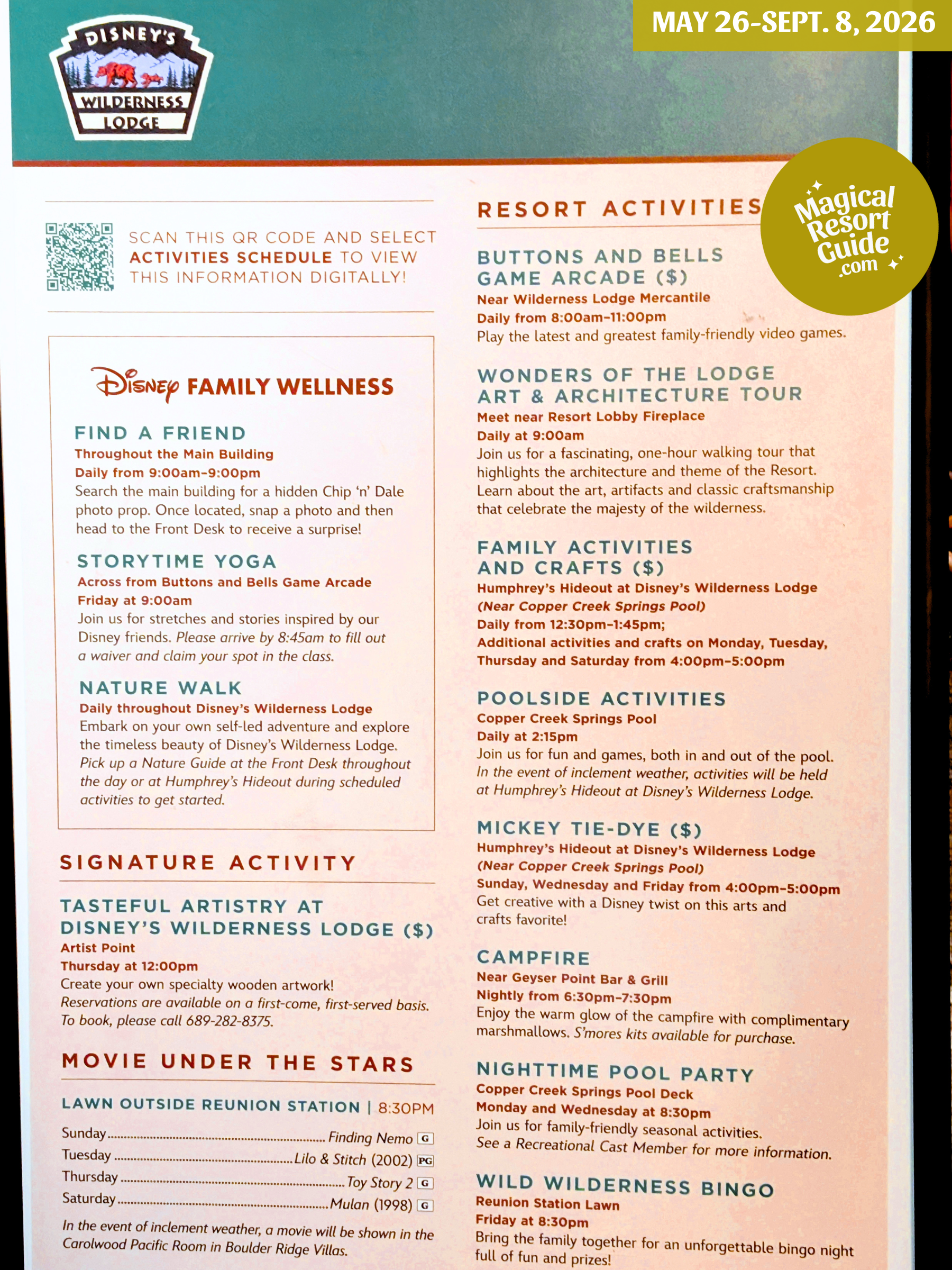 Disney's Wilderness Lodge Resort Activity Calendar Recreation Activities May June July August September 2026