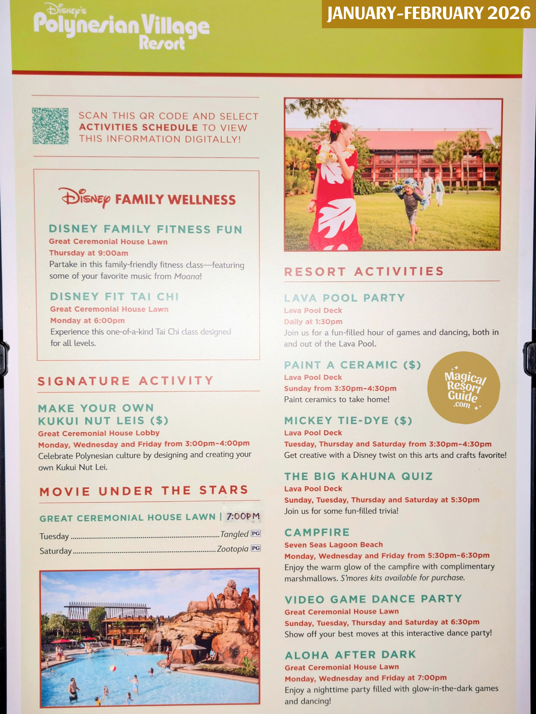 Disney's Polynesian Village Resort Activity Calendar Recreation Schedule January February 2026
