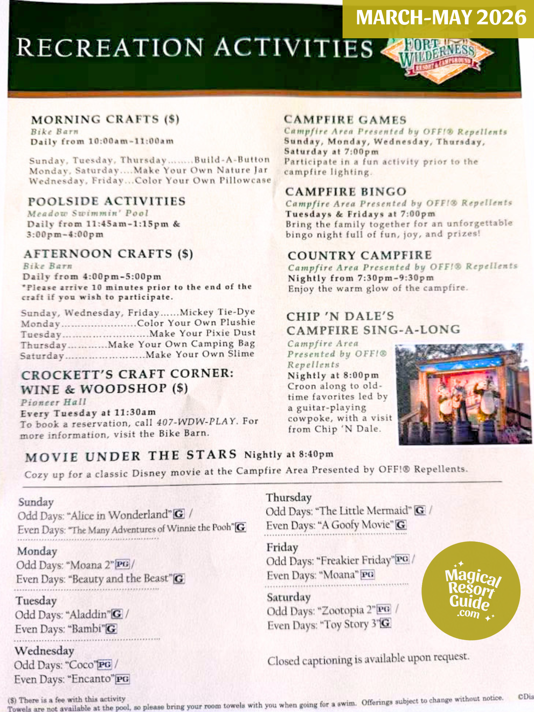Disney's Fort Wilderness Resort Campground Activity Calendar Activities Schedule Recreation Movie March April May 2026
