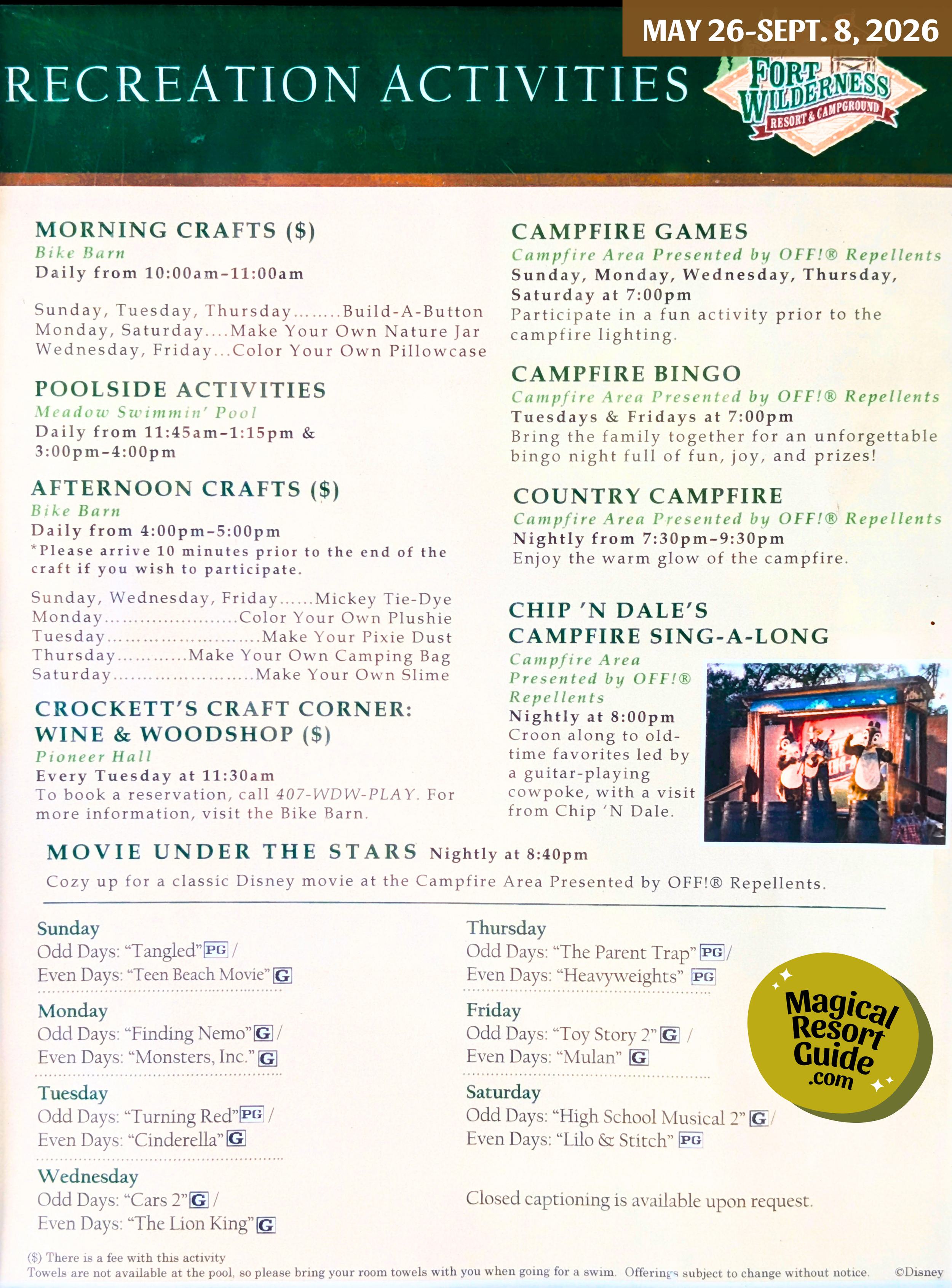 Disney's Fort Wilderness Resort Campground Activity Calendar Activities Schedule Recreation Movie May June July August September 2026