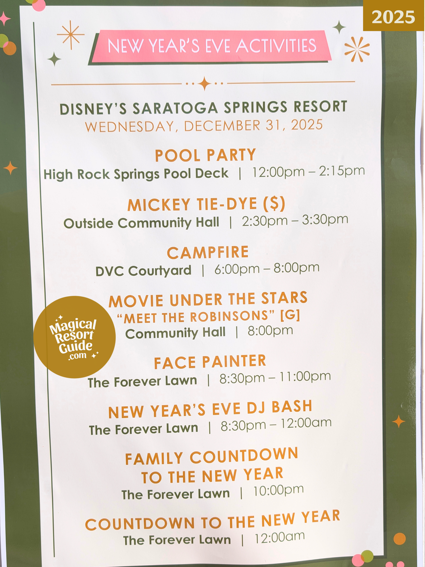 Disney's Saratoga Springs Resort Holiday Activities Activity Calendar New Year's Eve NYE 2025