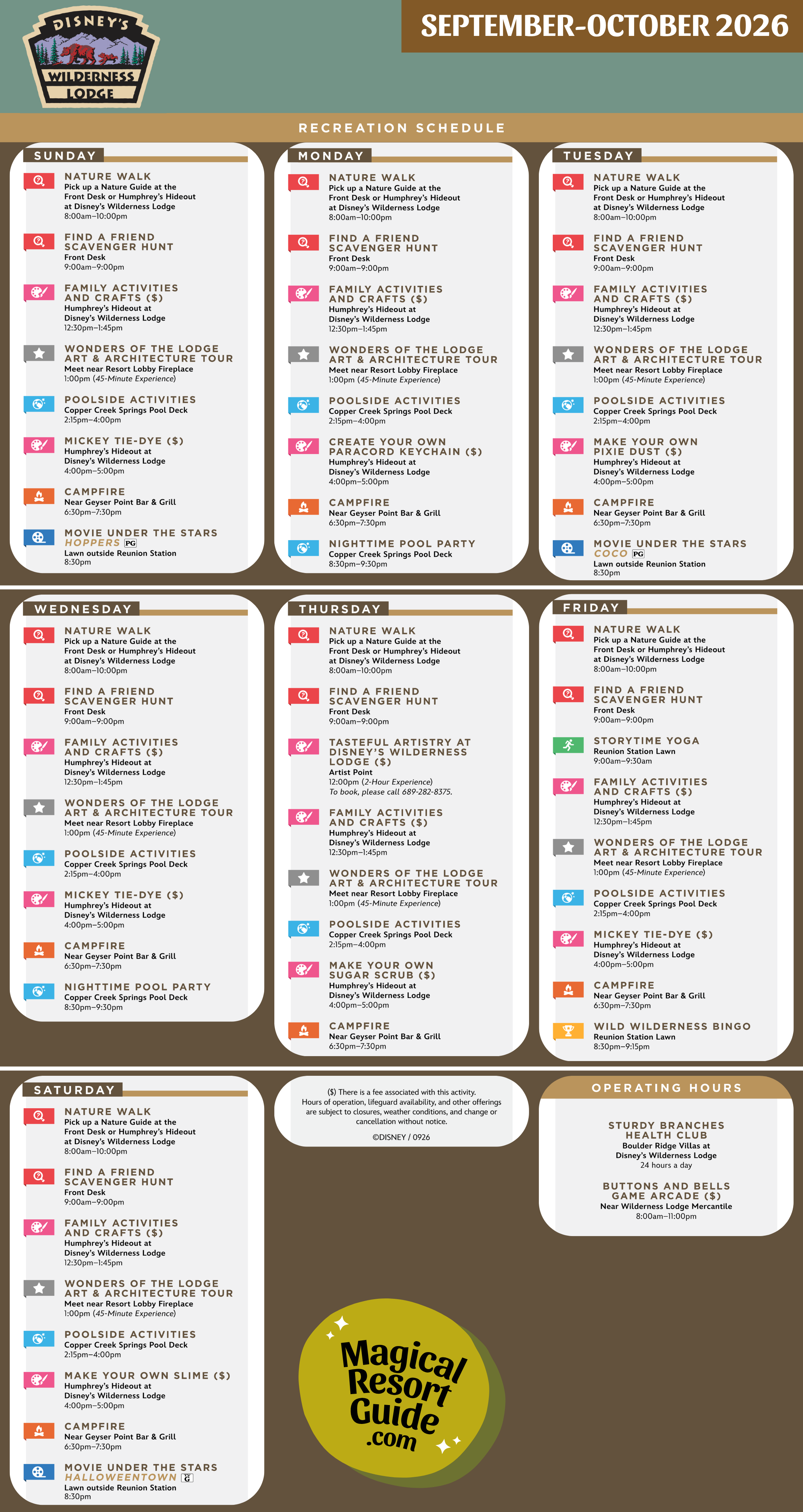 Disney's Wilderness Lodge Resort Activity Calendar Recreation Activities September October 2026