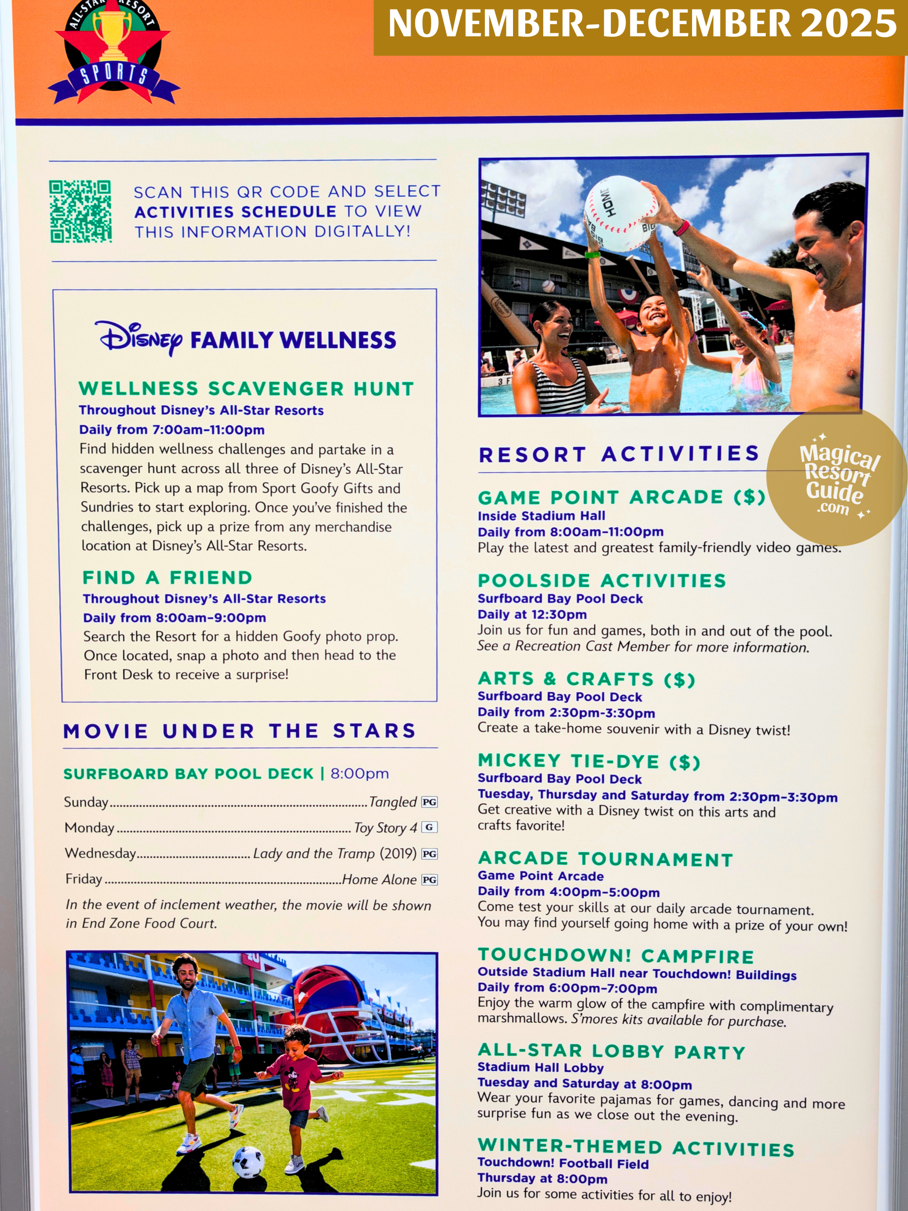 Disney's All-Star Sports Resort Activity Calendar Recreation Activities November December 2025