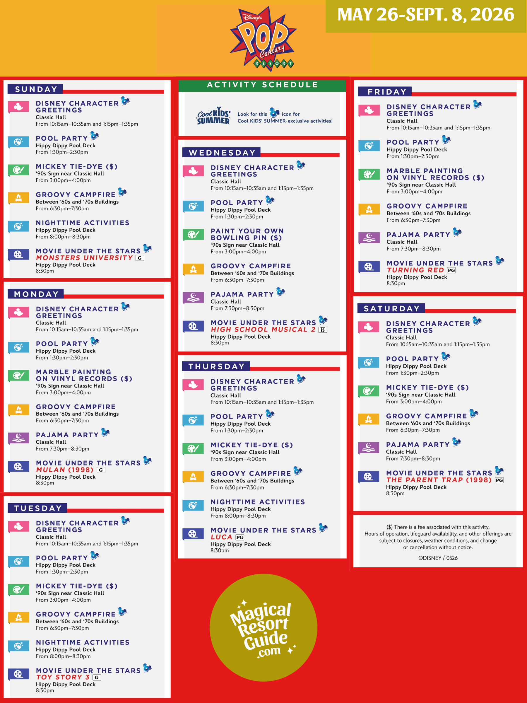 Disney's Pop Century Resort Activity Calendar Recreation Schedule Cool Kids Summer May June July August September 2026