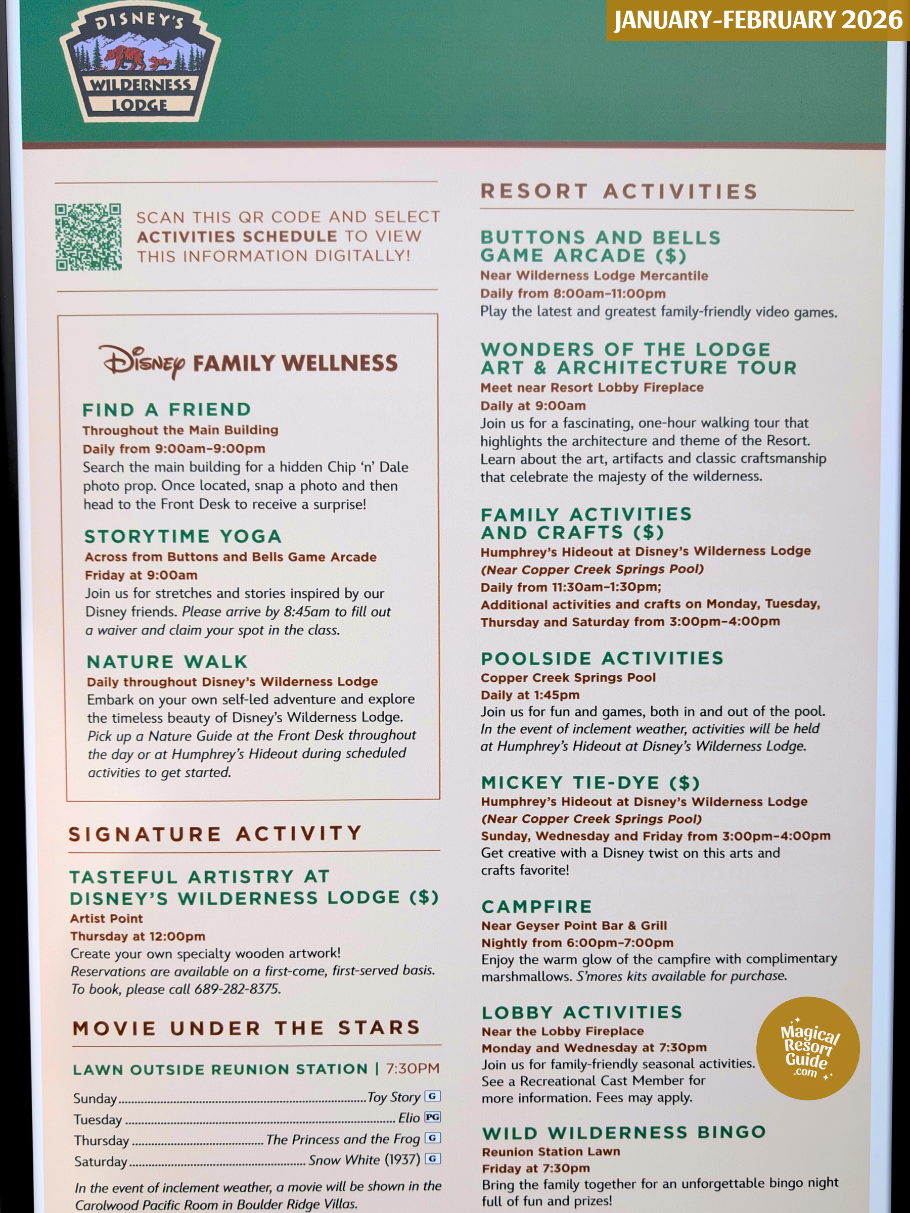 Disney's Wilderness Lodge Resort Activity Calendar Recreation Activities January February 2026