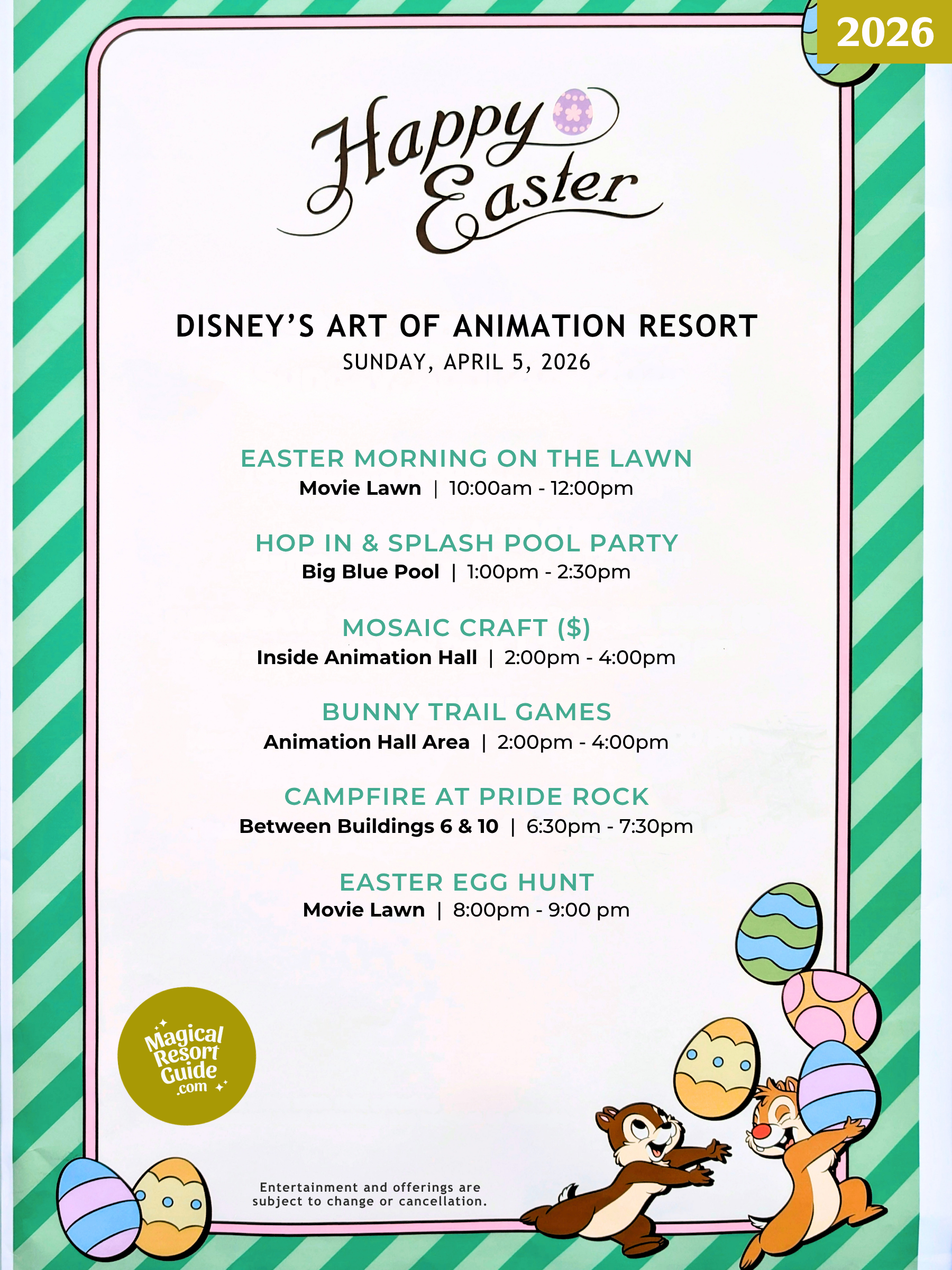 Disney's Art of Animation Resort Easter Activities Activity Calendar 2026