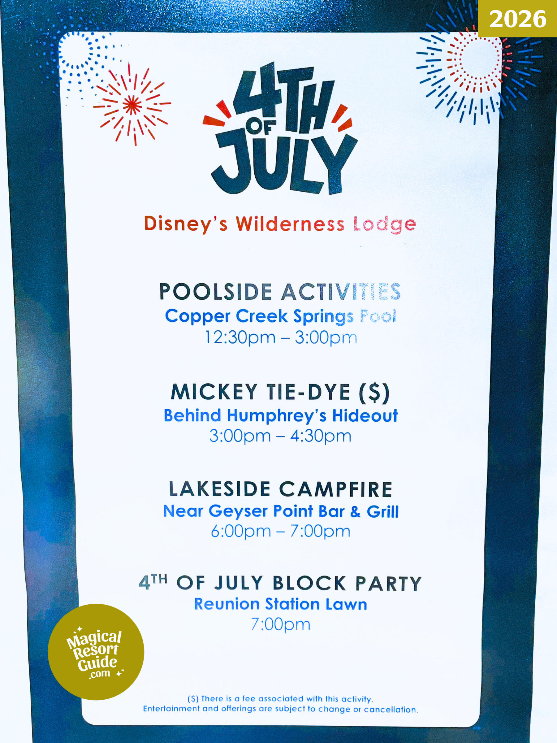 Disney's Wilderness Lodge Resort Holiday Activities Activity Calendar July 4 2026
