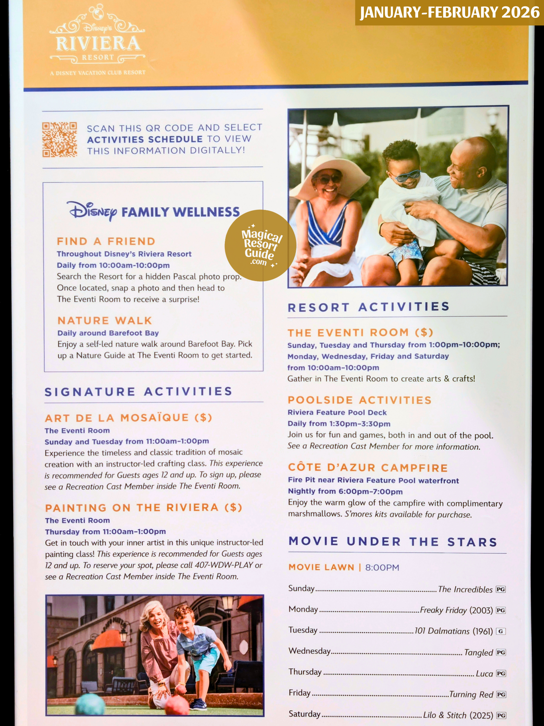 Disney's Riviera Resort Activity Calendar Recreation Schedule Activities January February 2026