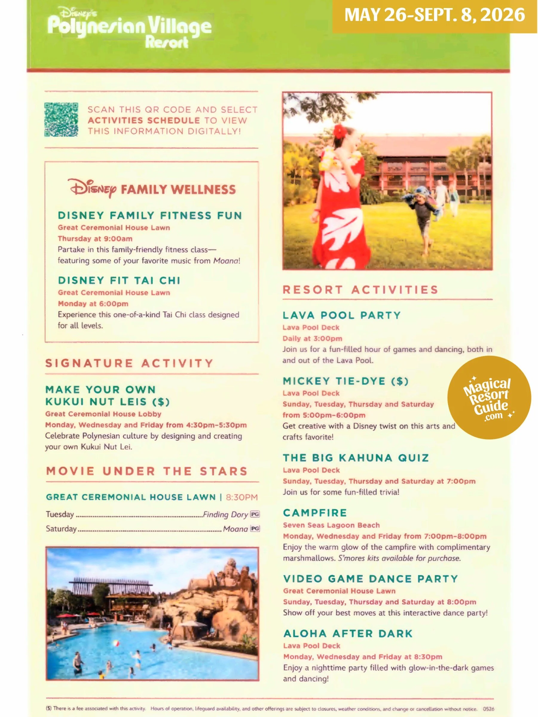 Disney's Polynesian Village Resort Activity Calendar Recreation Schedule May June July August September 2026