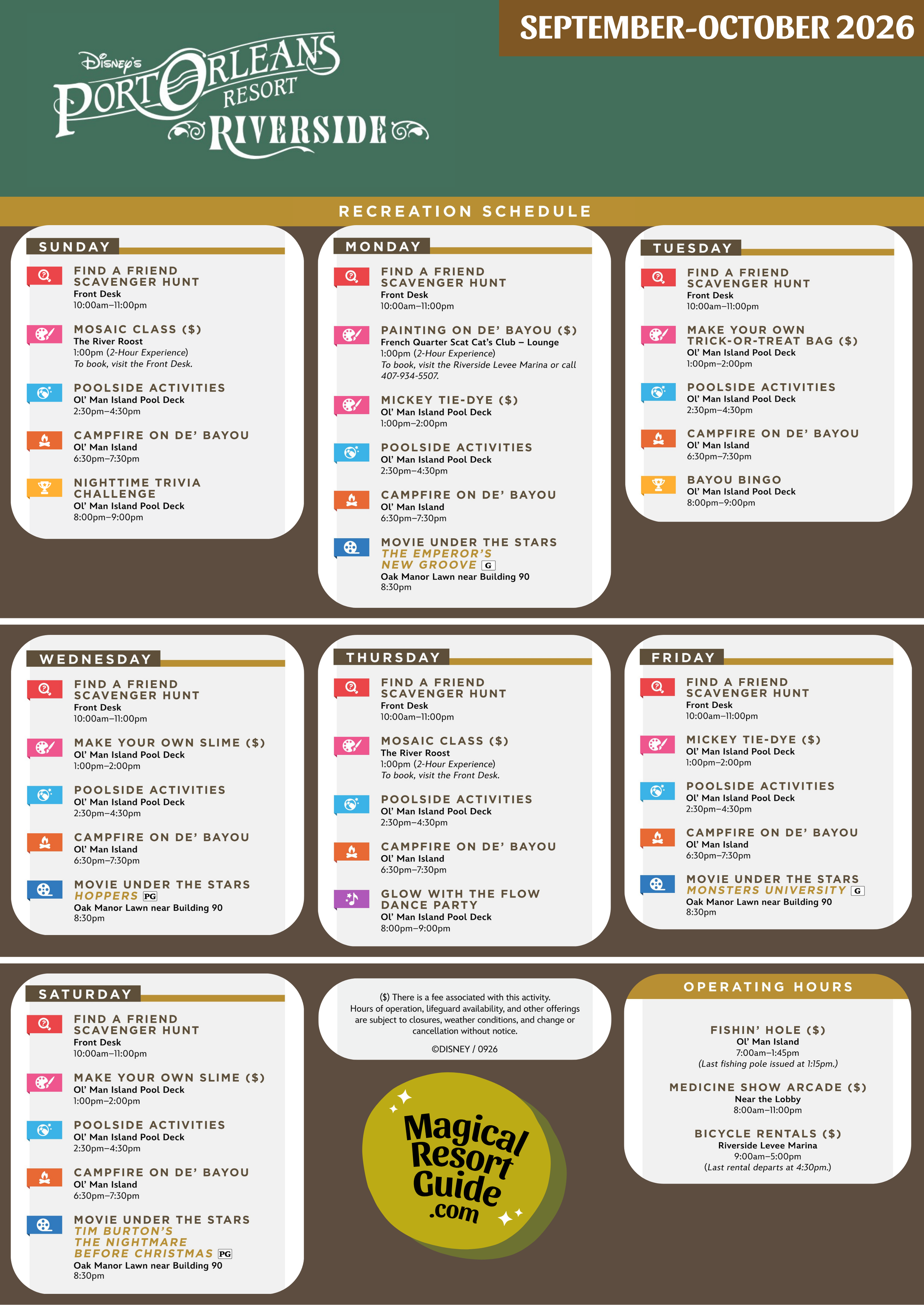Disney's Port Orleans Riverside Resort Activity Calendar Recreation Activities September October 2026