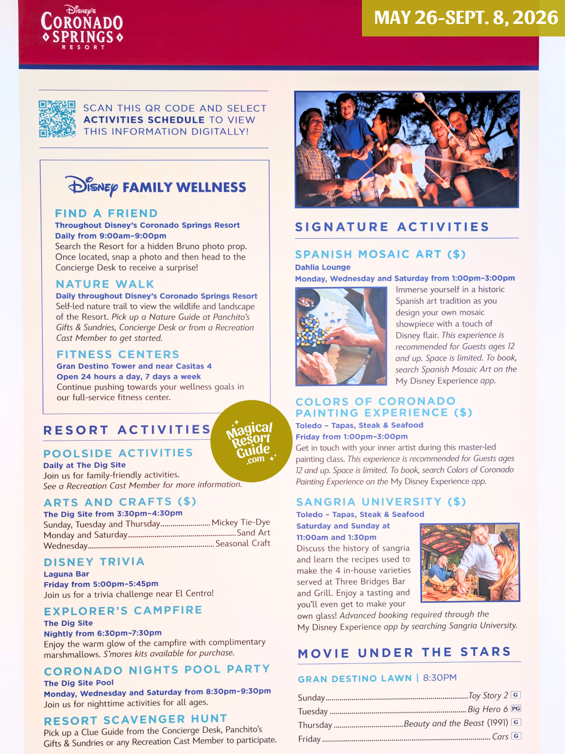 Disney's Coronado Springs Resort Activity Calendar Recreation Activities May June July August September 2026