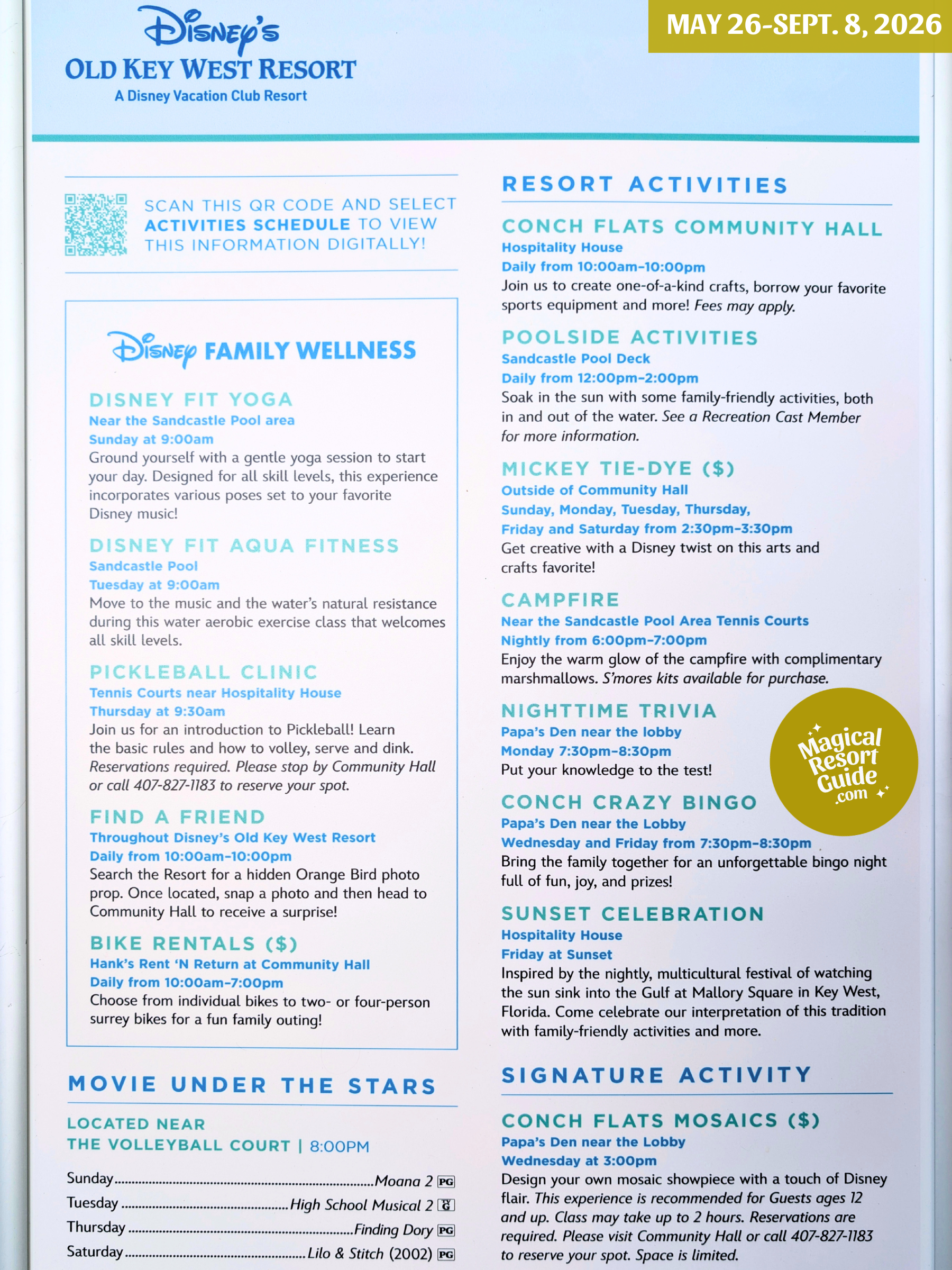 Disney's Old Key West Resort Activity Calendar Recreation Activities May June July August September 2026