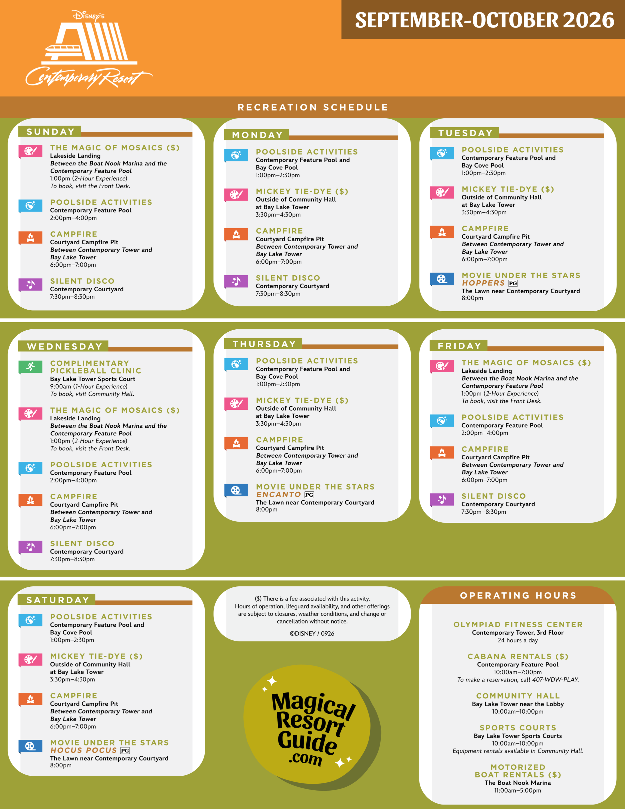 Disney's Contemporary Resort Activity Calendar Recreation Activities September October 2026
