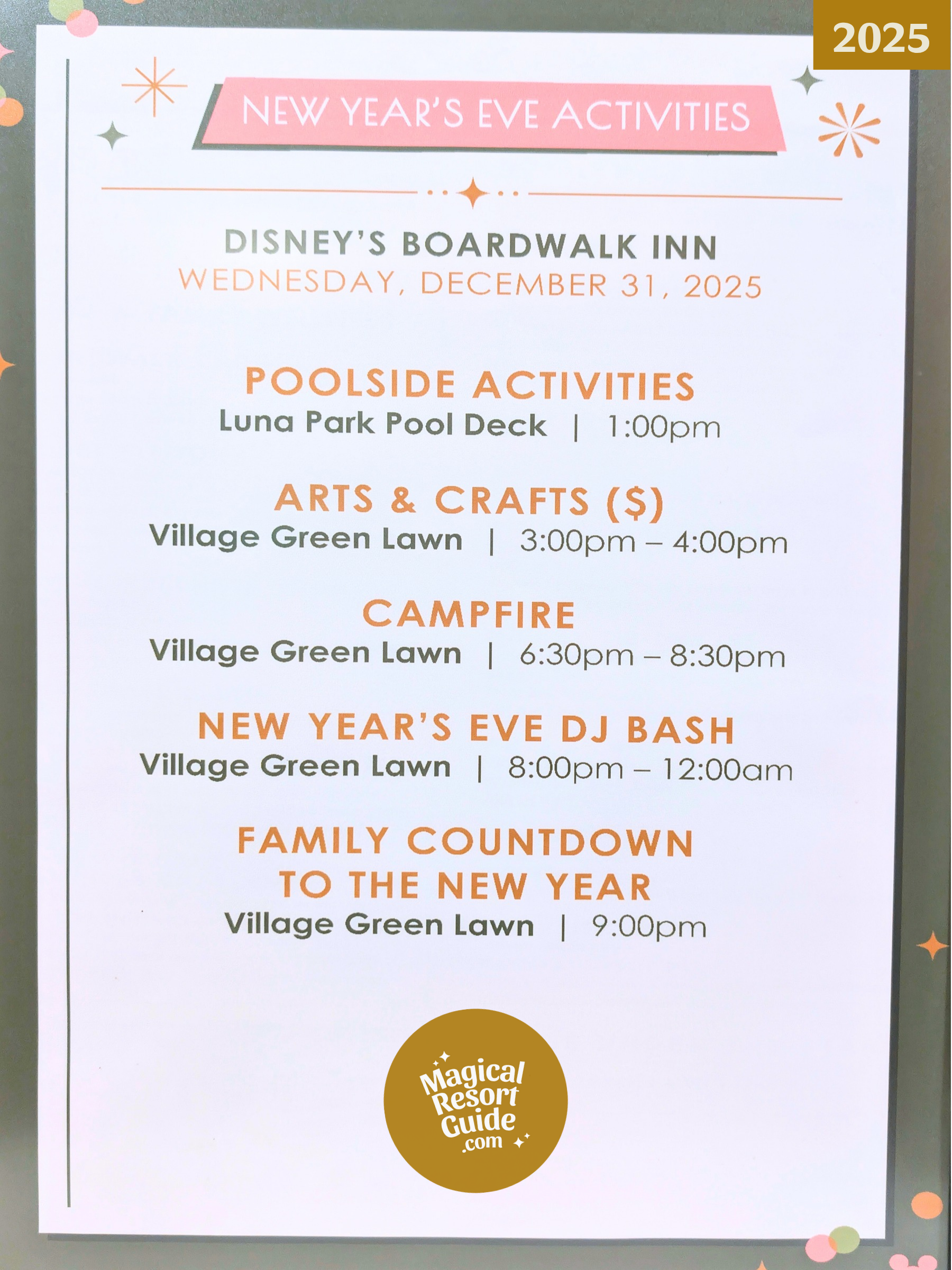 Disney's BoardWalk Inn Resort New Year's Eve NYE Holiday Activities Activity Calendar 2025
