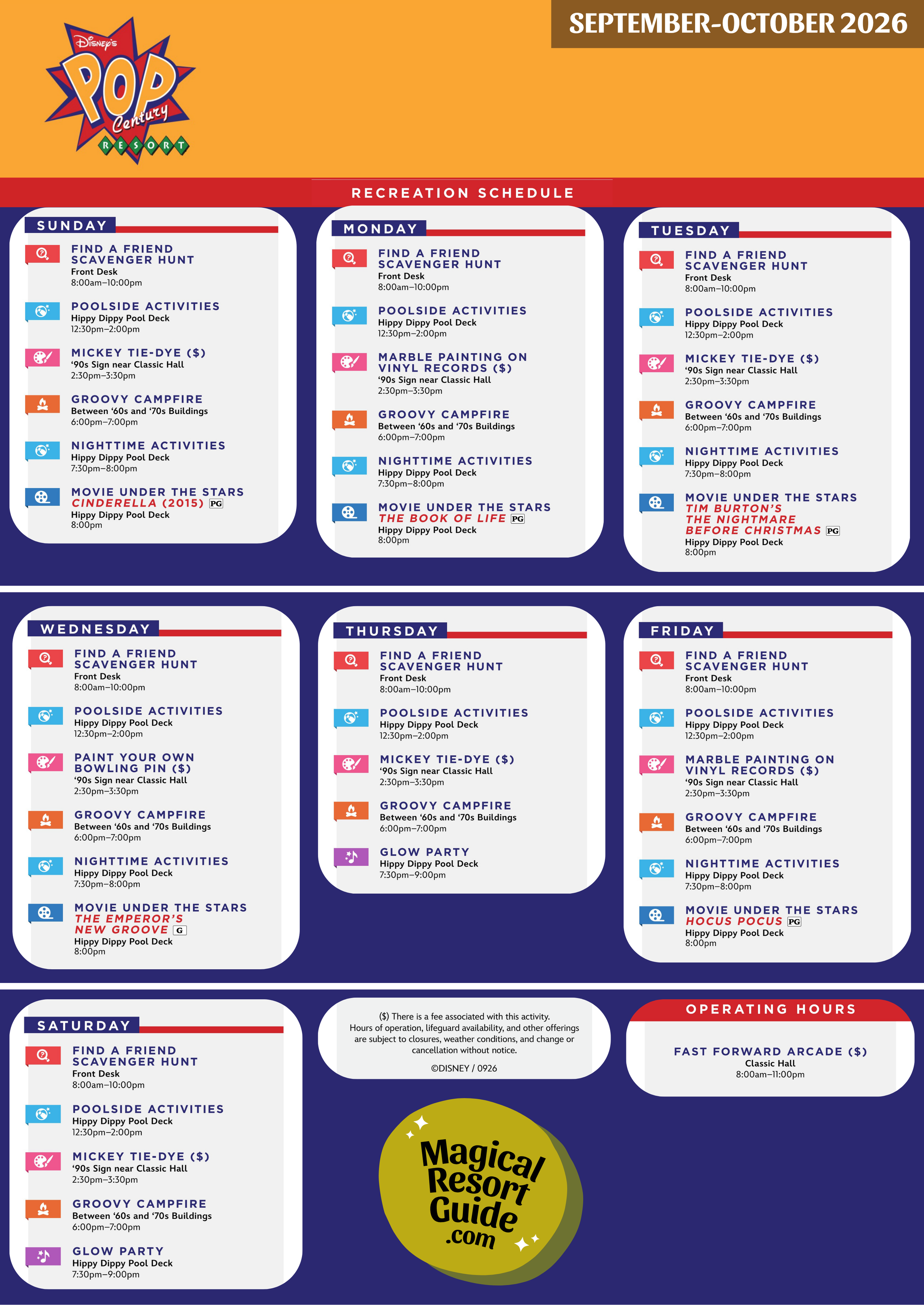 Disney's Pop Century Resort Activity Calendar Recreation Schedule Cool Kids Summer September October 2026