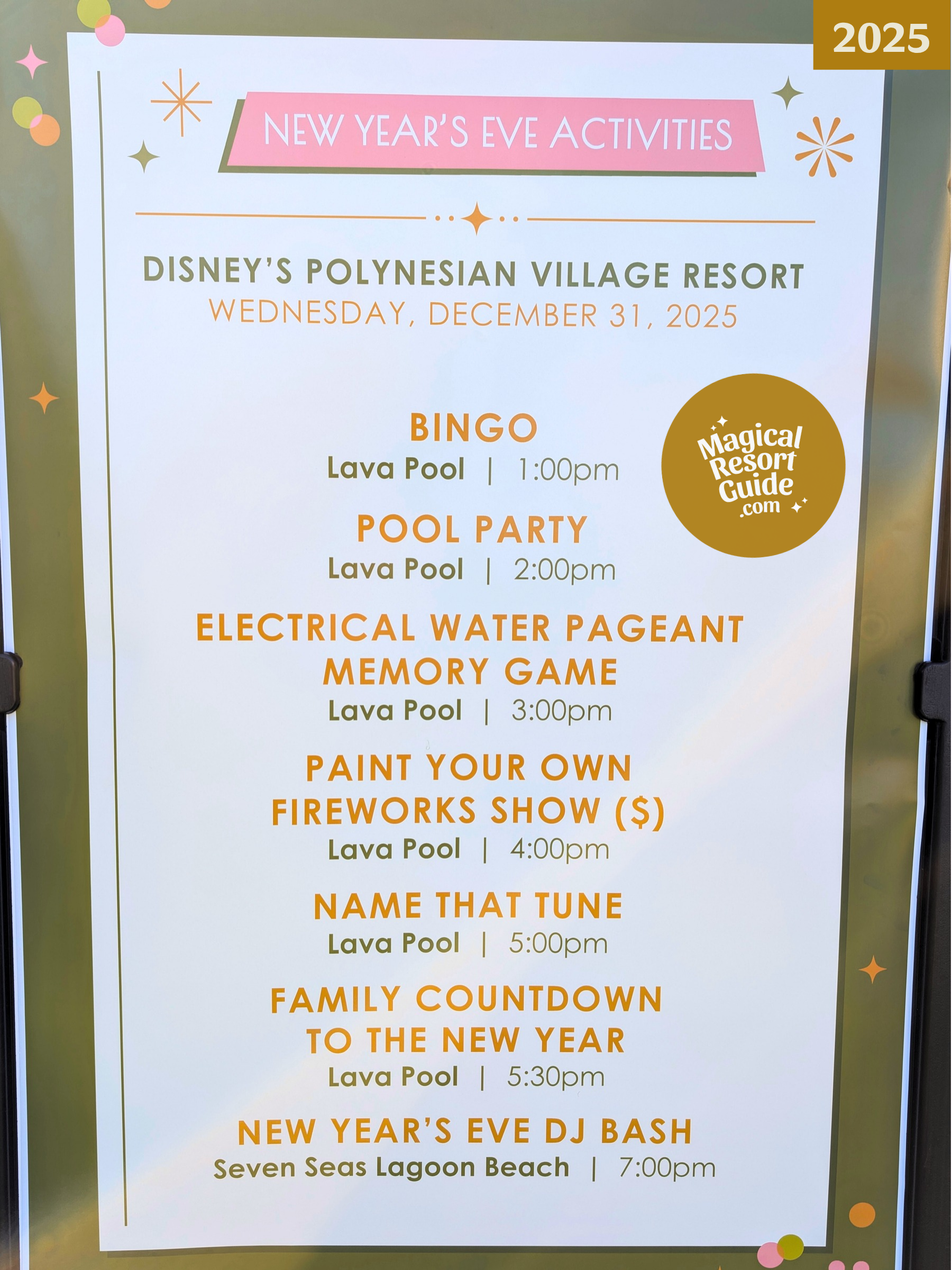 Disney's Polynesian Village Resort Holiday Activities Activity Calendar New Year's Eve NYE 2025