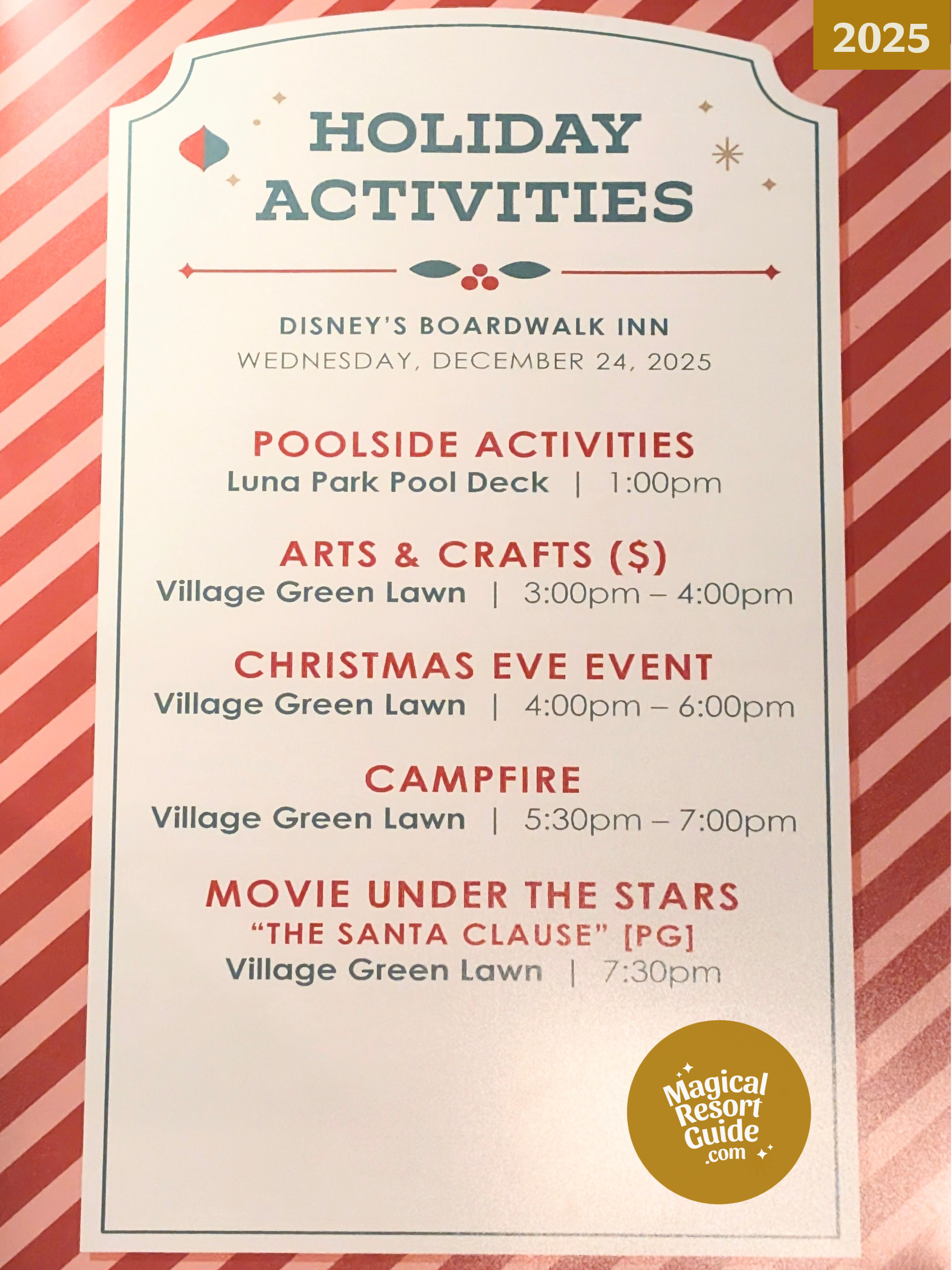 Disney's Boardwalk Inn Resort Holiday Activities Activity Calendar Christmas 2025