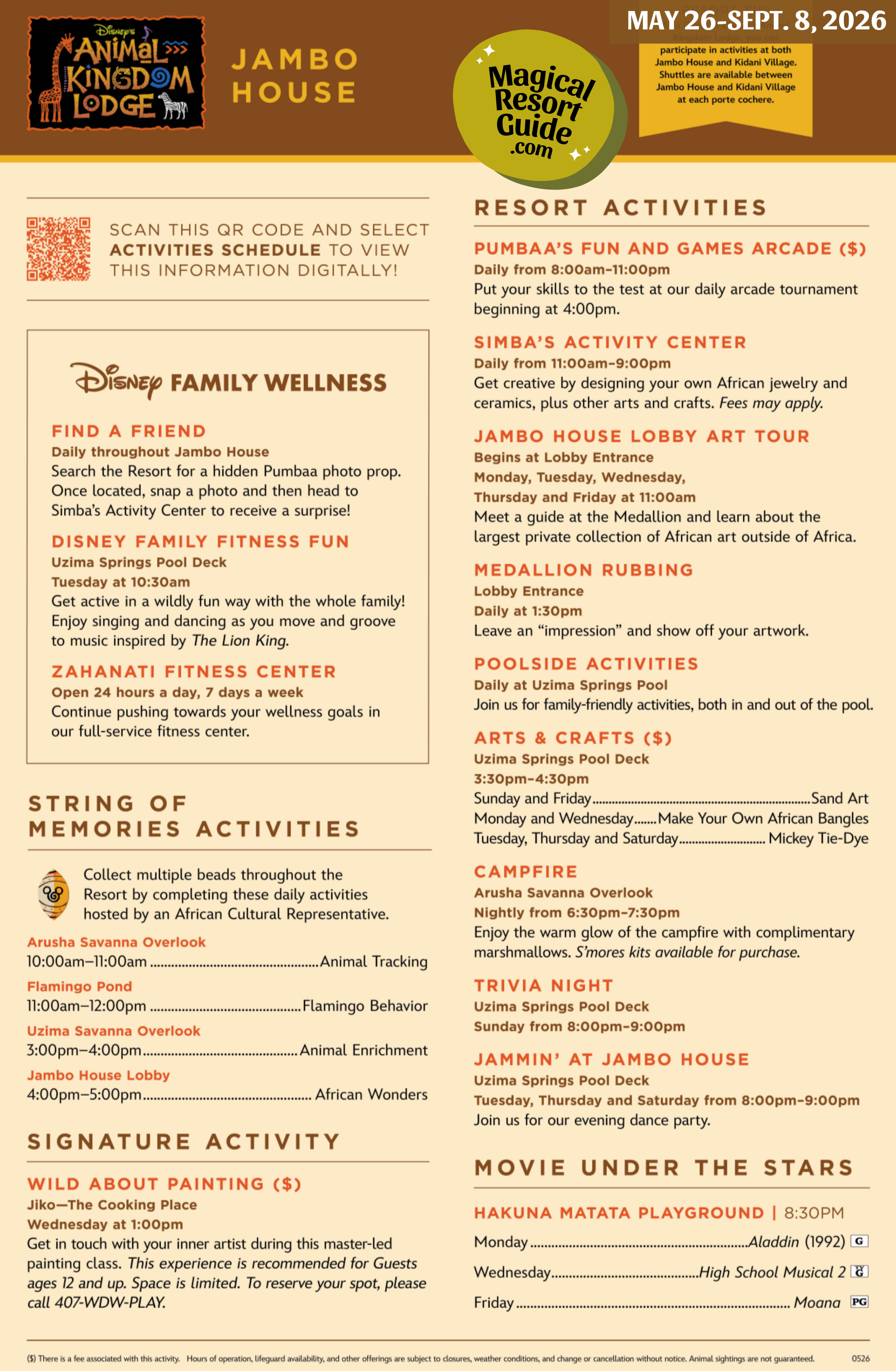 Disney Animal Kingdom Lodge Jambo House Resort Activity Calendar Recreation Activities May June July August September 2026