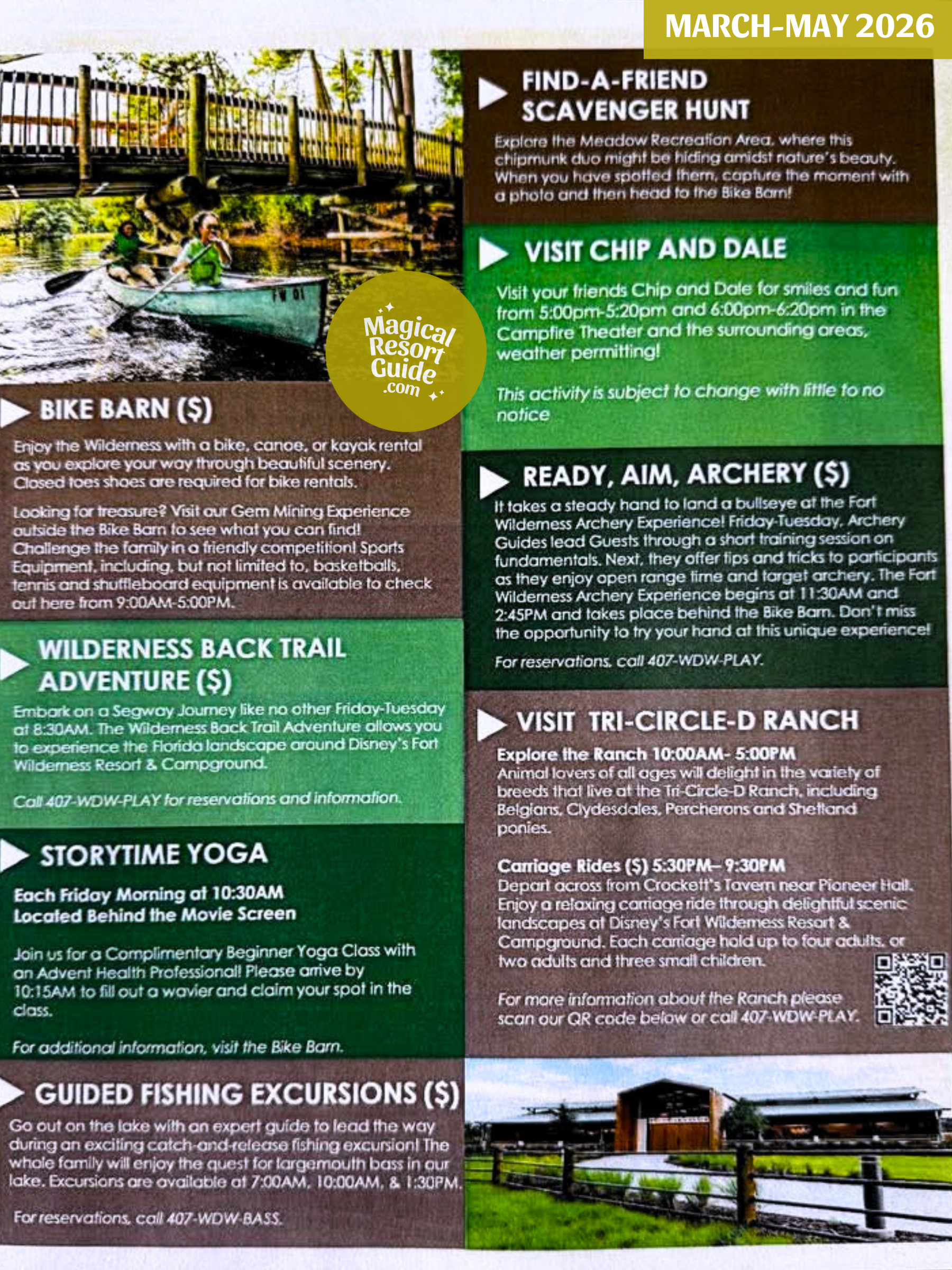Disney's Fort Wilderness Resort Campground Activity Calendar Activities Schedule Recreation Movie March April May 2026