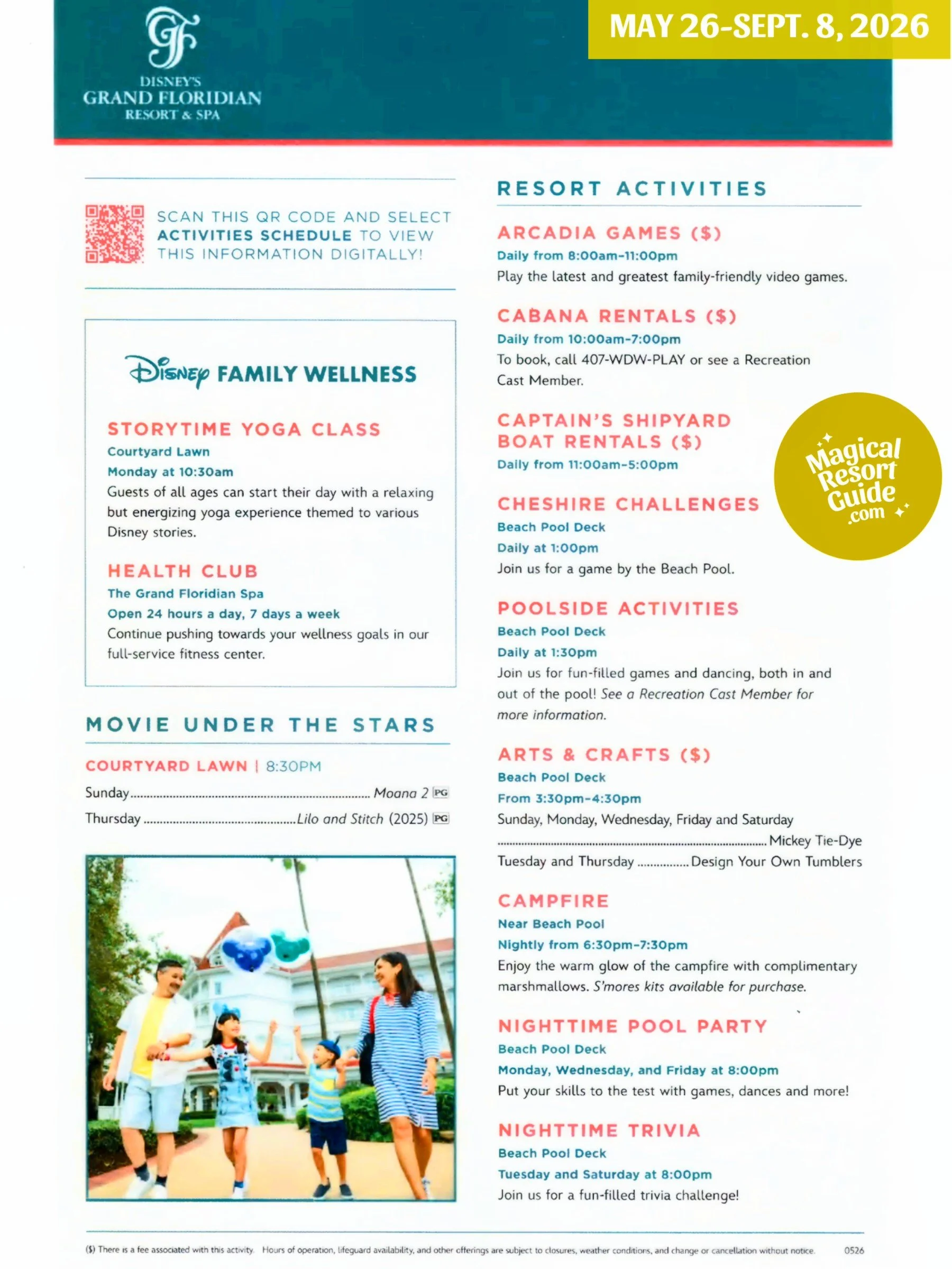 Disney's Grand Floridian Resort Activity Calendar Recreation Activities May June July August September 2026