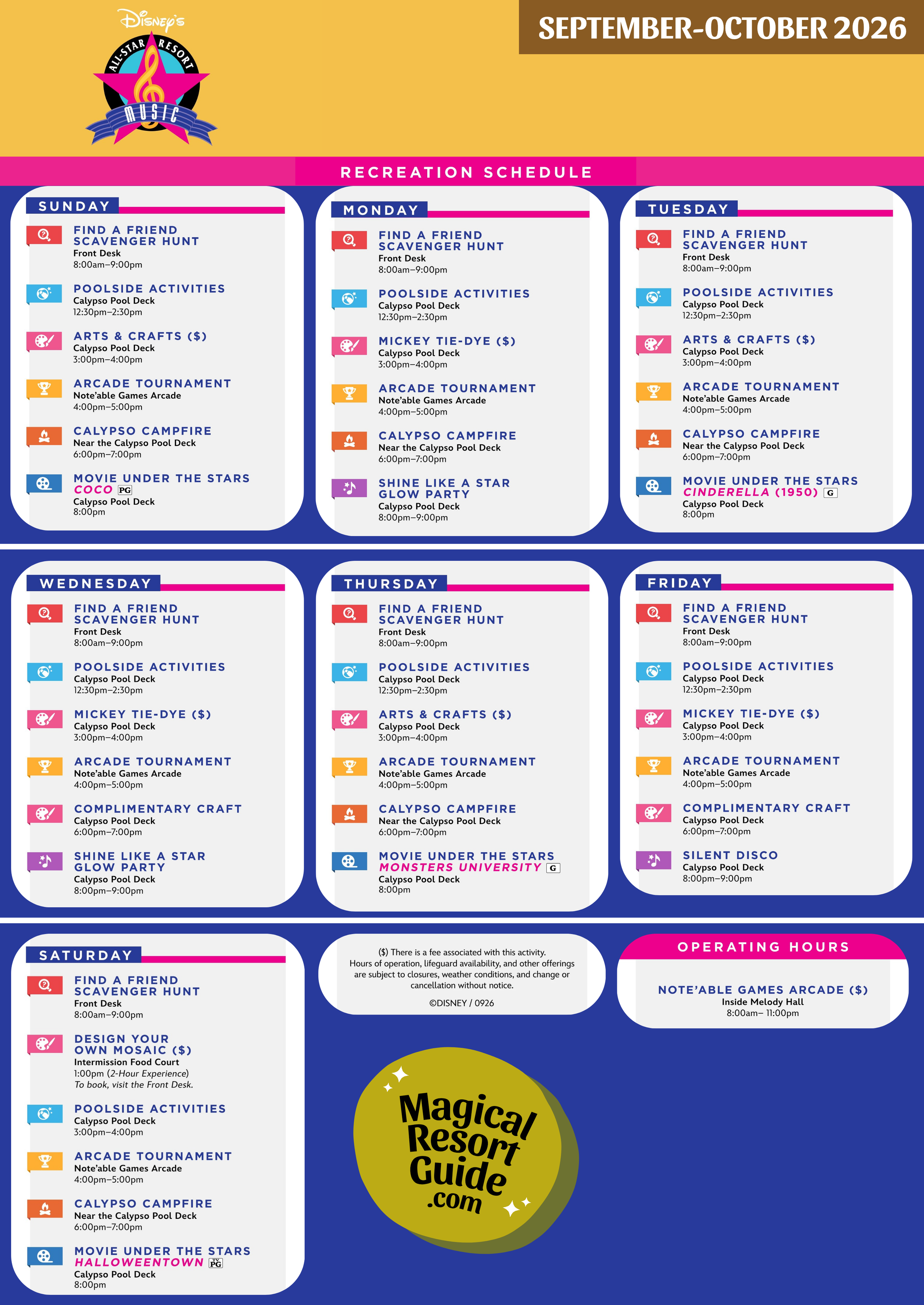 Disney's All-Star Music Resort Activity Calendar Recreation Activities September October 2026