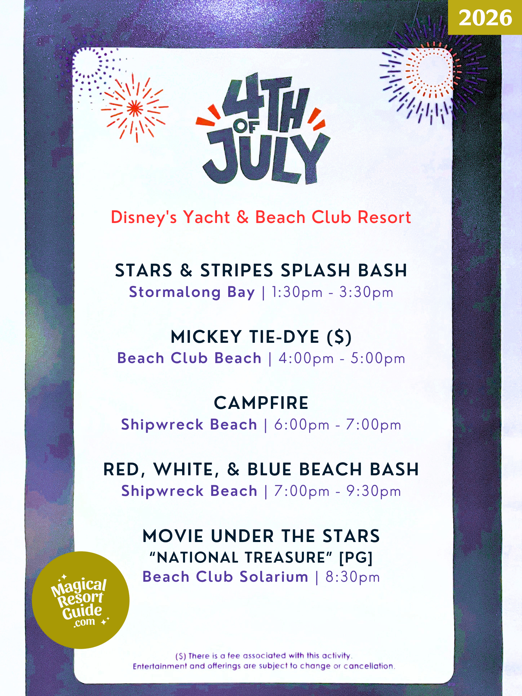 Disney's Yacht & Beach Club Resort Holiday Activities Activity Calendar July 4 2026