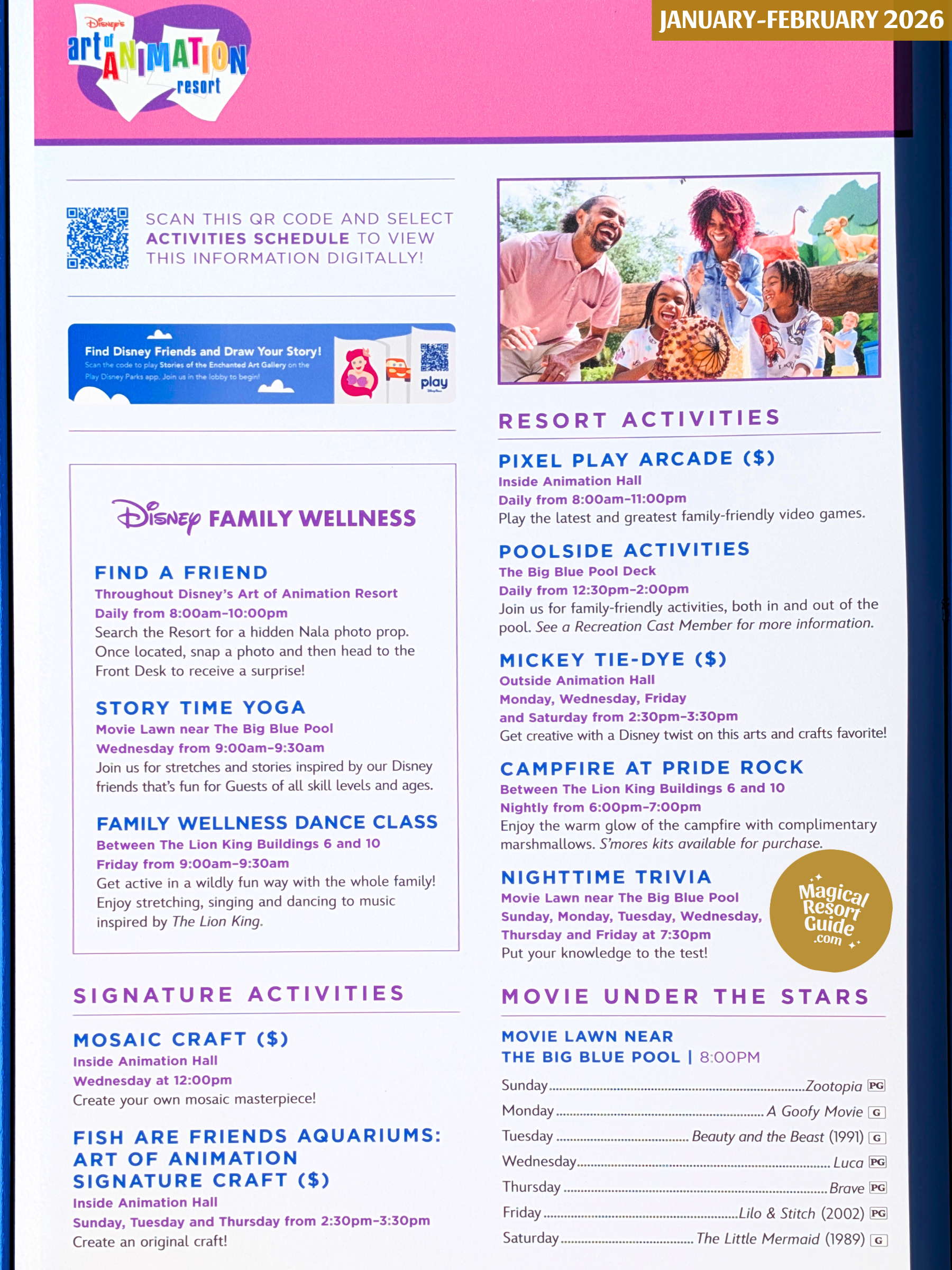 Disney's Art of Animation Resort Activity Calendar Recreation Activities January February 2026