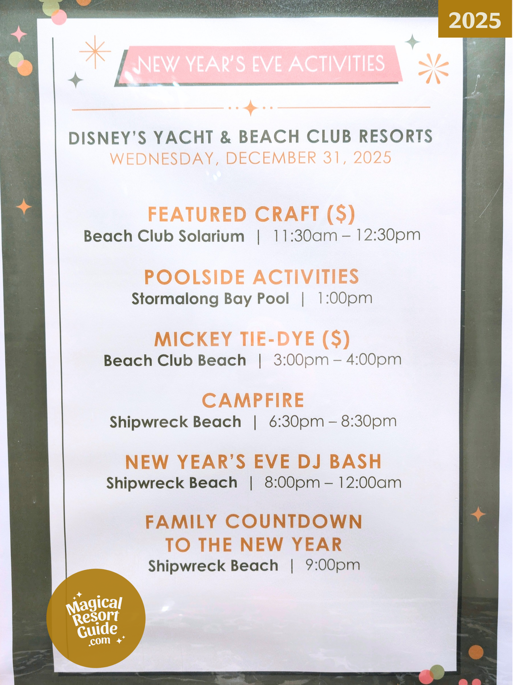 Disney's Yacht & Beach Club Resort Holiday Activities Activity Calendar New Year's Eve NYE 2025