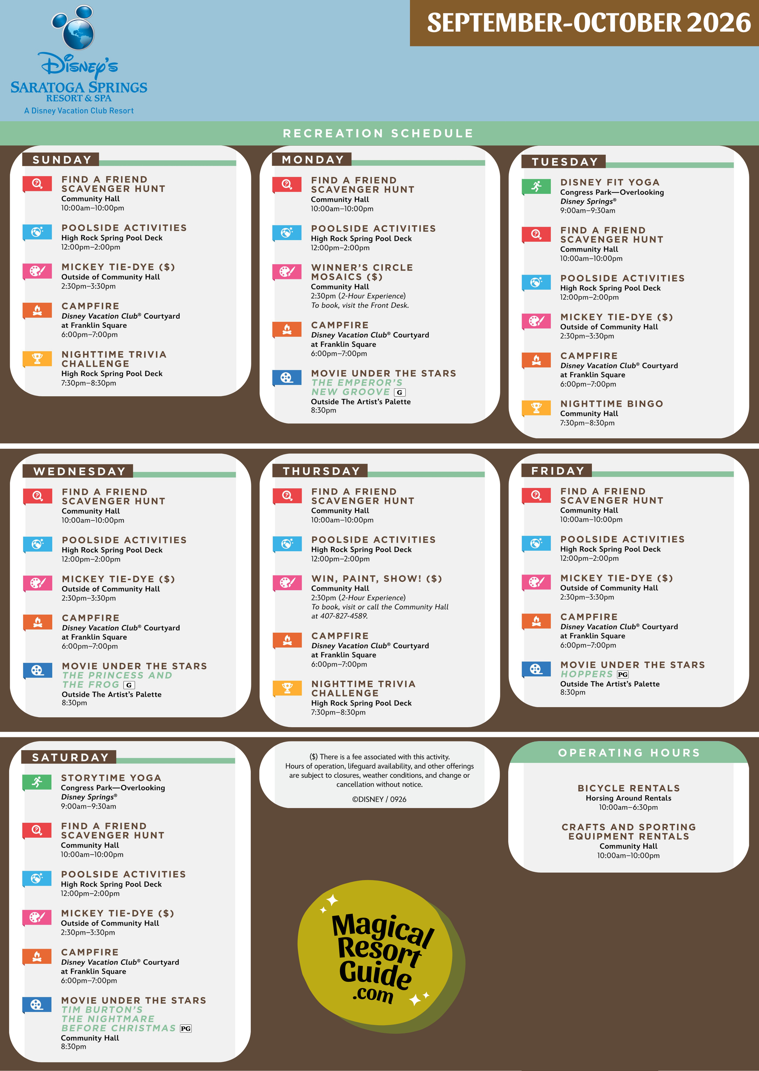 Disney's Saratoga Springs Resort Activities Activity Calendar Schedule Recreation September October 2026