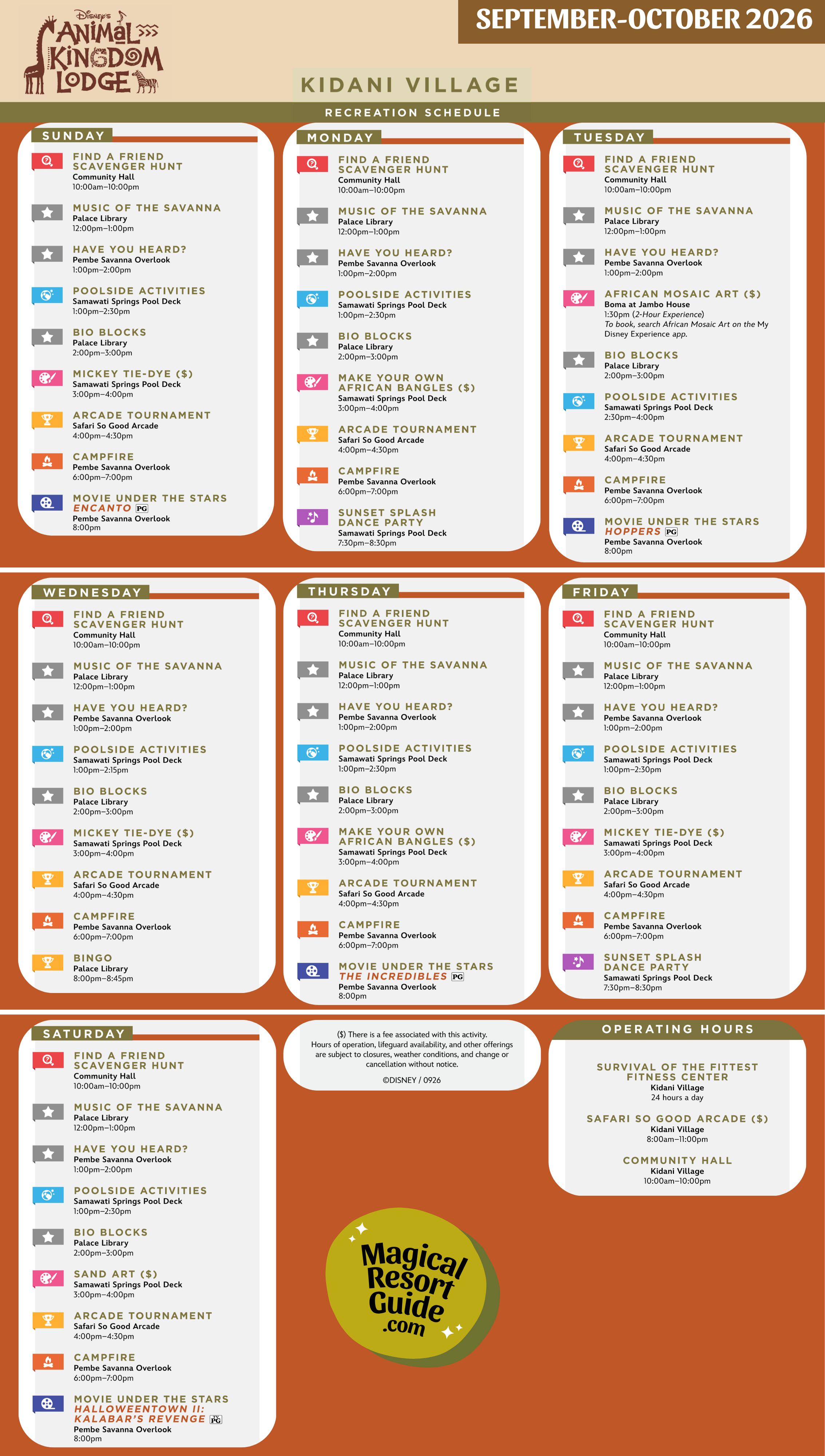 Disney Animal Kingdom Lodge Kidani Village Resort Activity Calendar Recreation Activities September October 2026