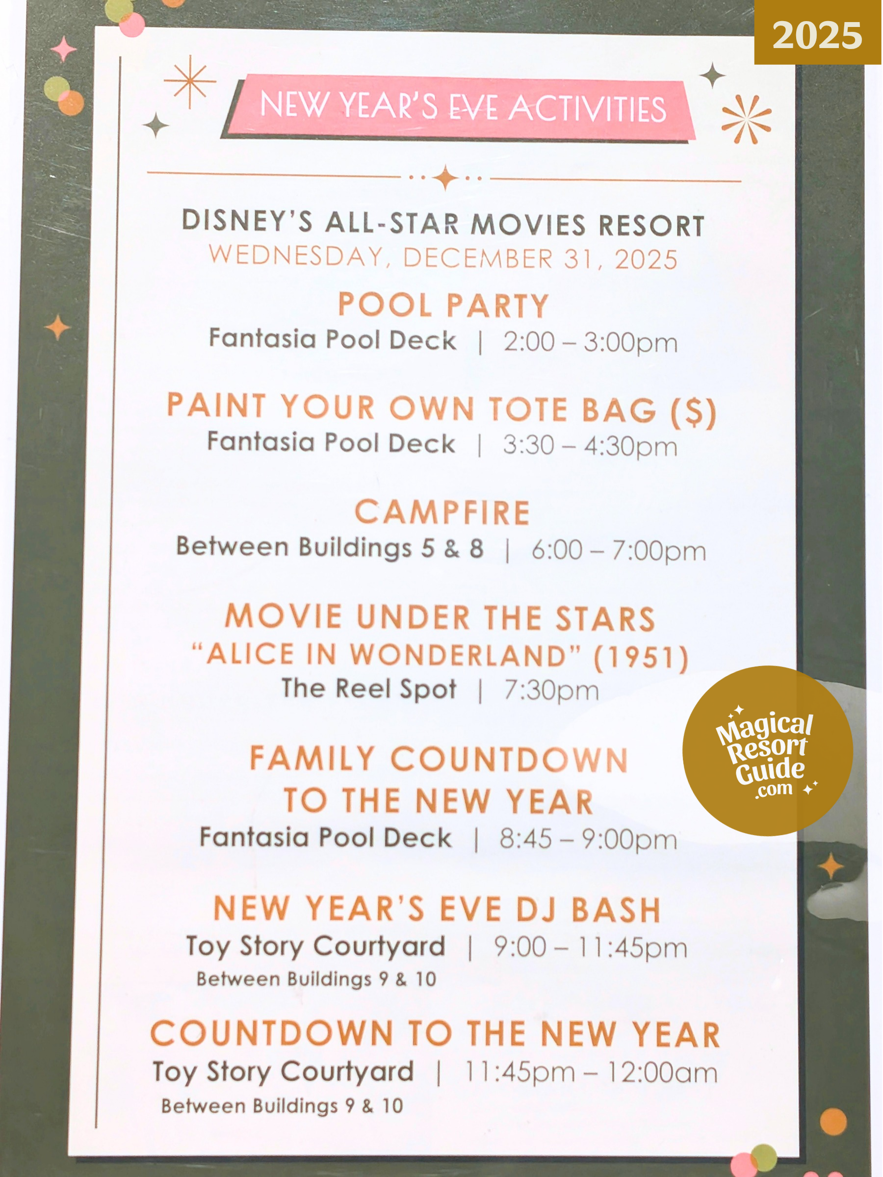 Disney's All-Star Movies Resort New Year's Eve Holiday Activities Activity Calendar NYE 2025