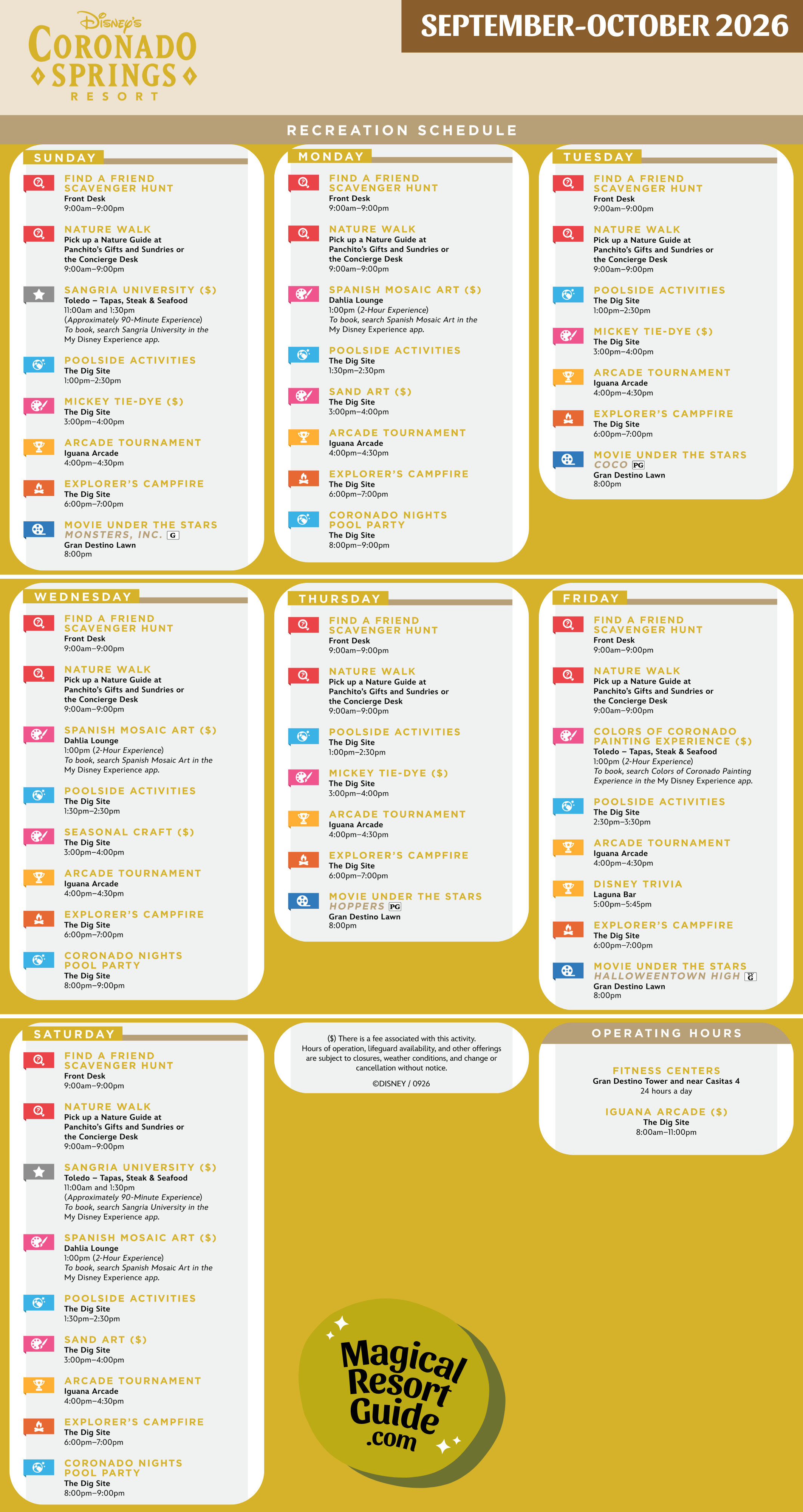 Disney's Coronado Springs Resort Activity Calendar Recreation Activities September October 2026