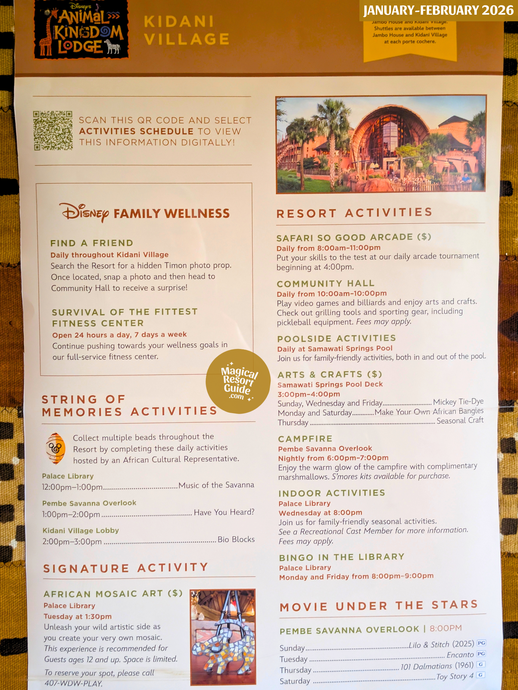 Disney Animal Kingdom Lodge Kidani Village Resort Activity Calendar Recreation Activities January February 2026