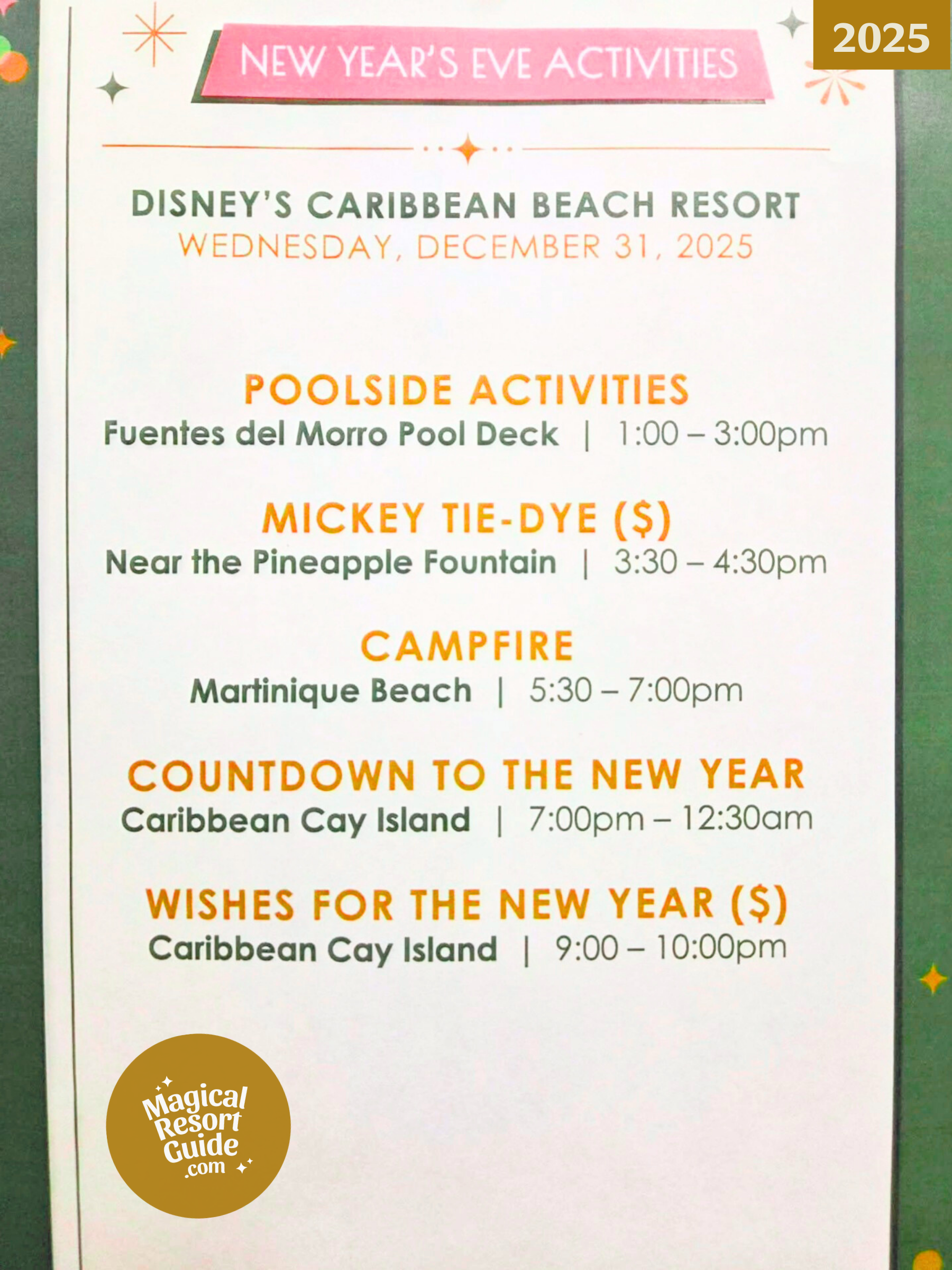 Disney's Caribbean Beach Resort New Year's Eve 2025 Holiday Activities Activity Calendar