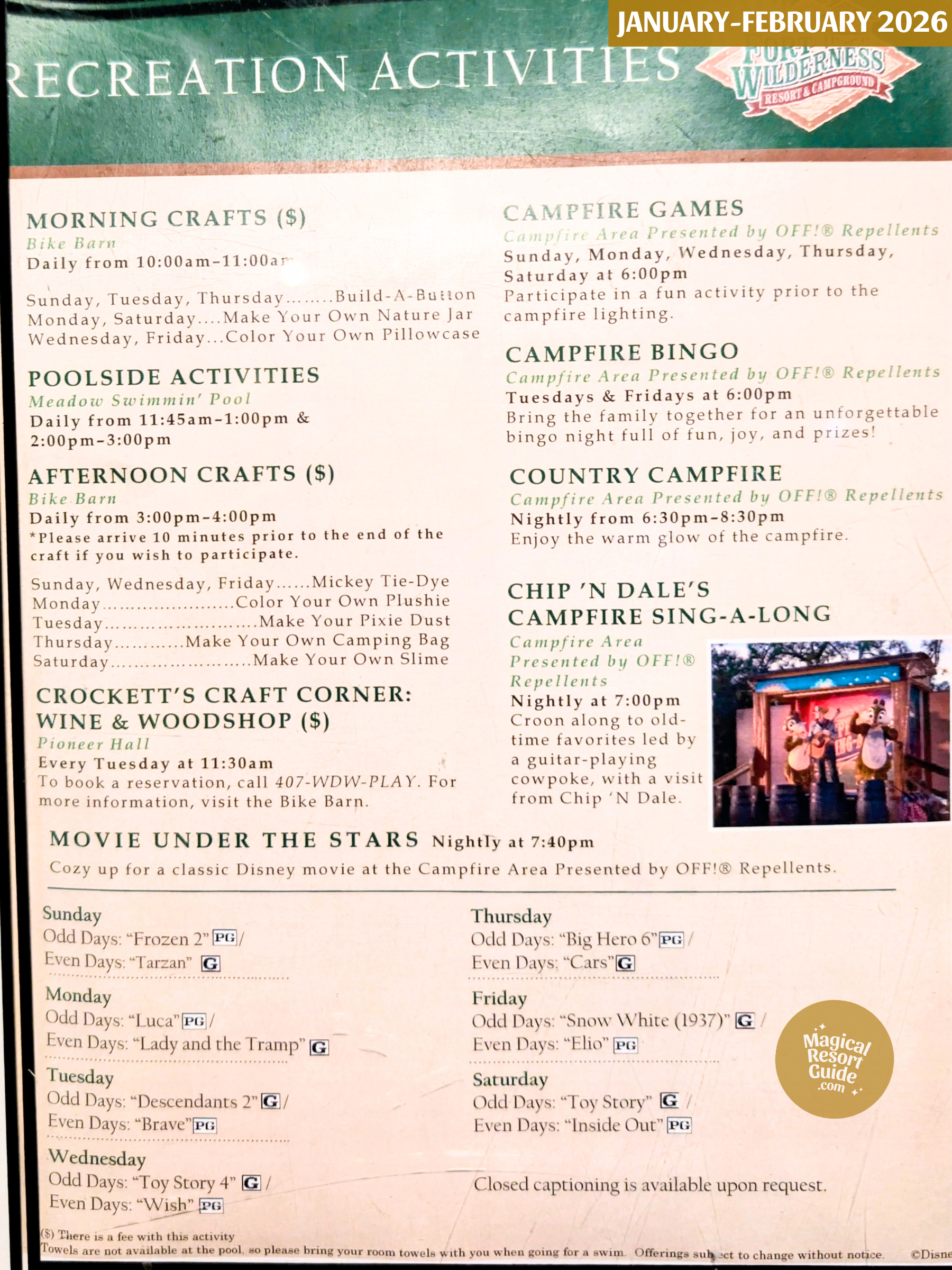 Disney's Fort Wilderness Resort Campground Activity Calendar Activities Schedule Recreation Movie January February 2026