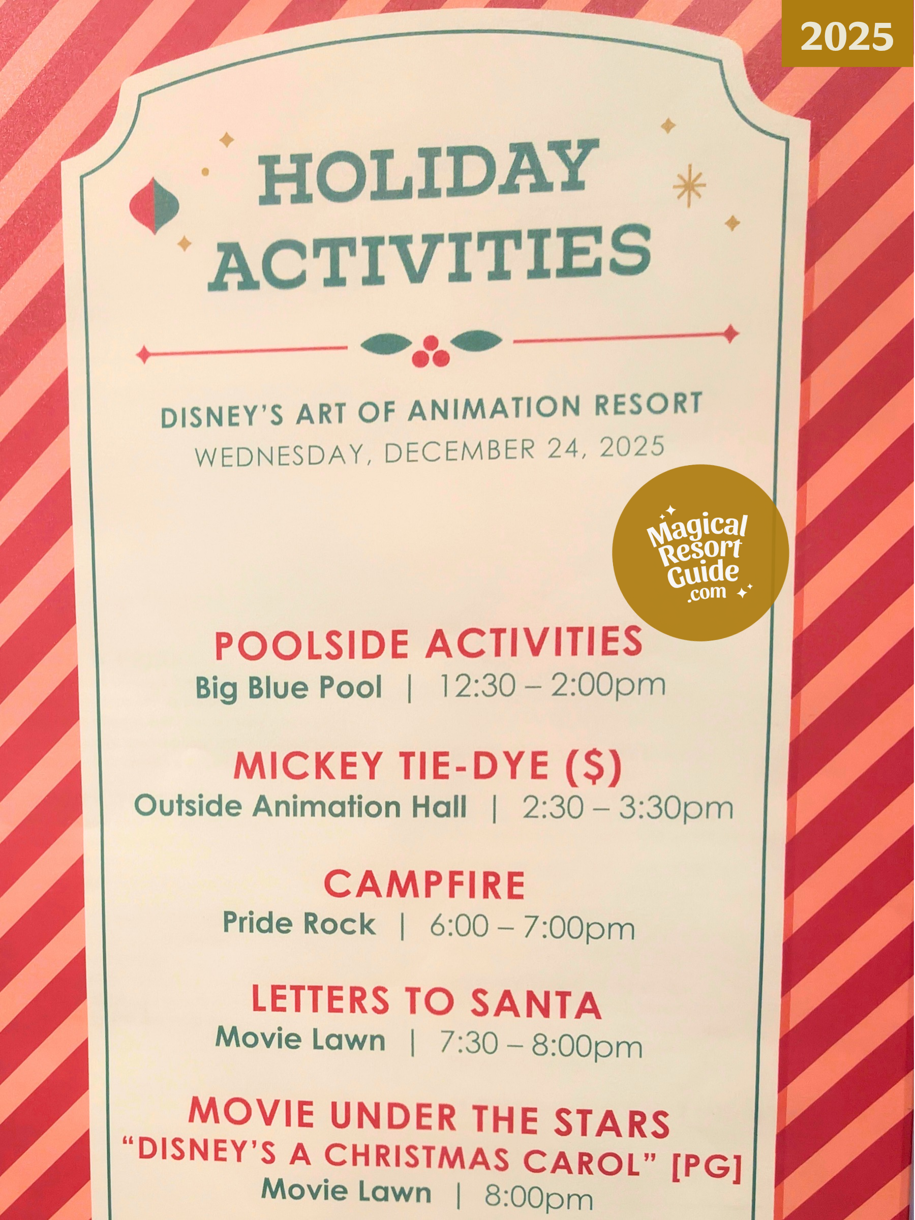 Disney's Art of Animation Resort Christmas Activities Activity Calendar 2025