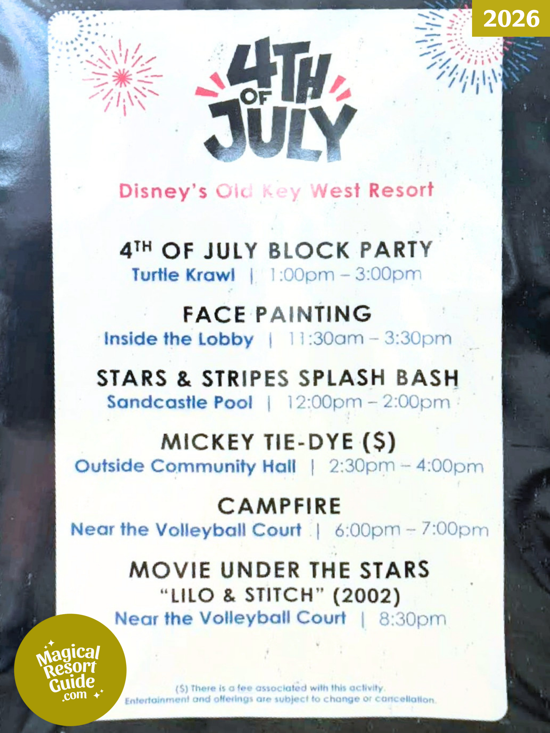 Disney's Old Key West Resort Holiday Activities Activity Calendar July 4th 2026