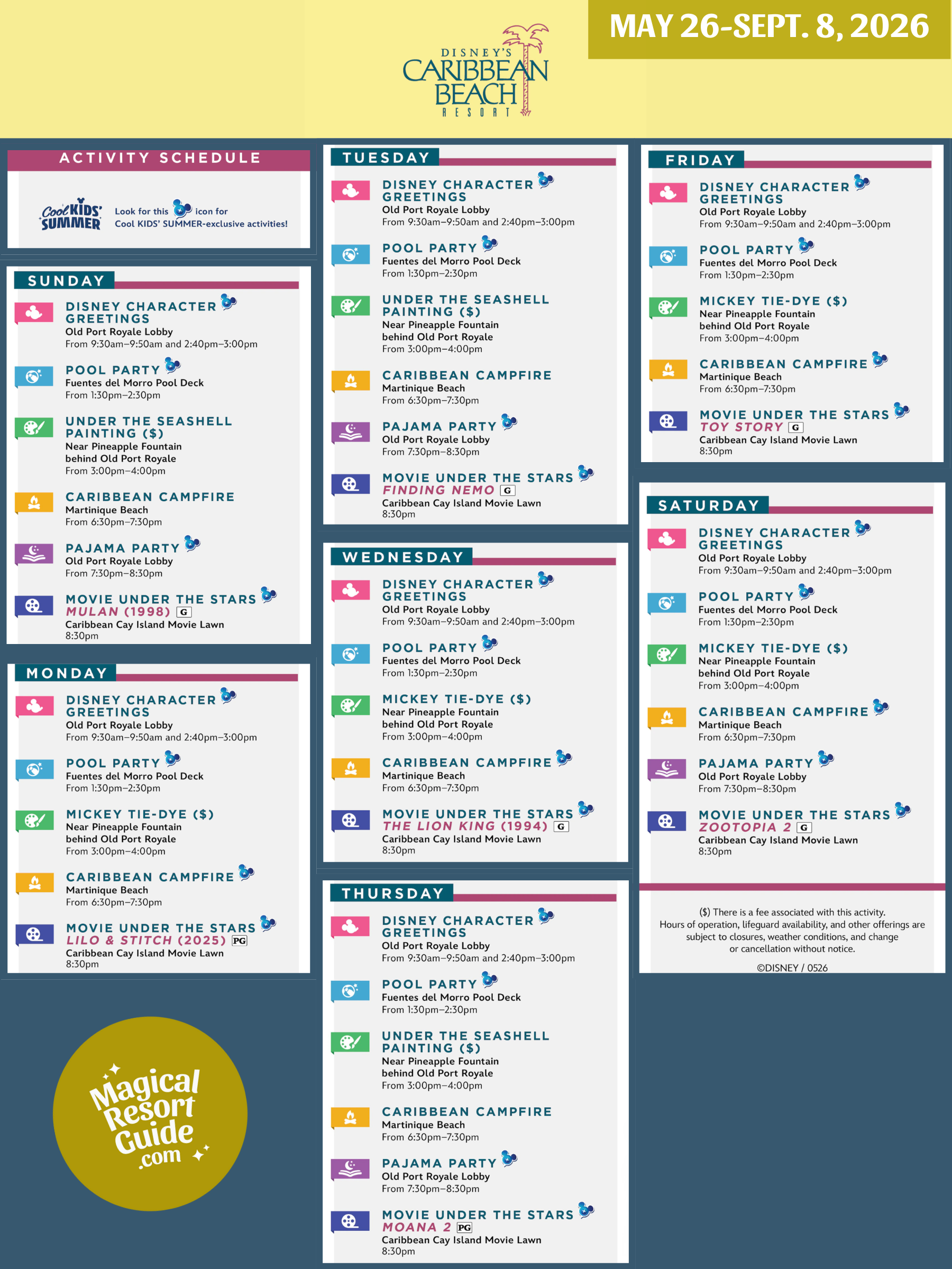 Disney's Caribbean Beach Resort Activity Calendar Recreation Activities Cool Kids Summer May June July August September 2026