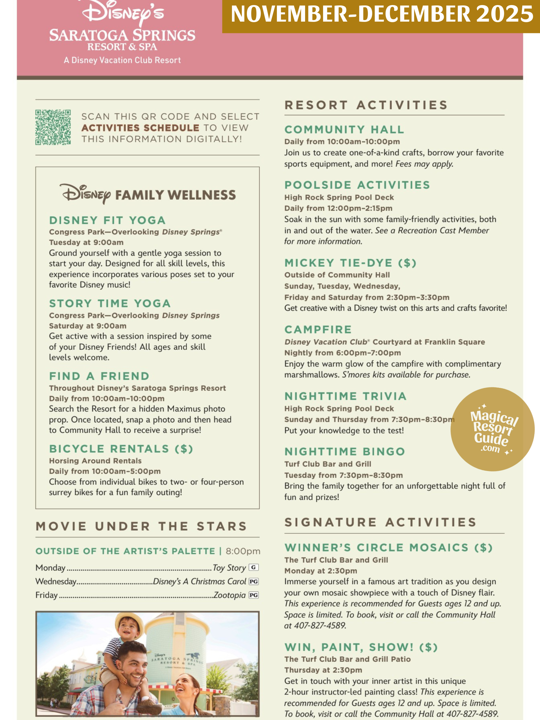 Disney's Saratoga Springs Resort Activities Activity Calendar Schedule Recreation November December 2025