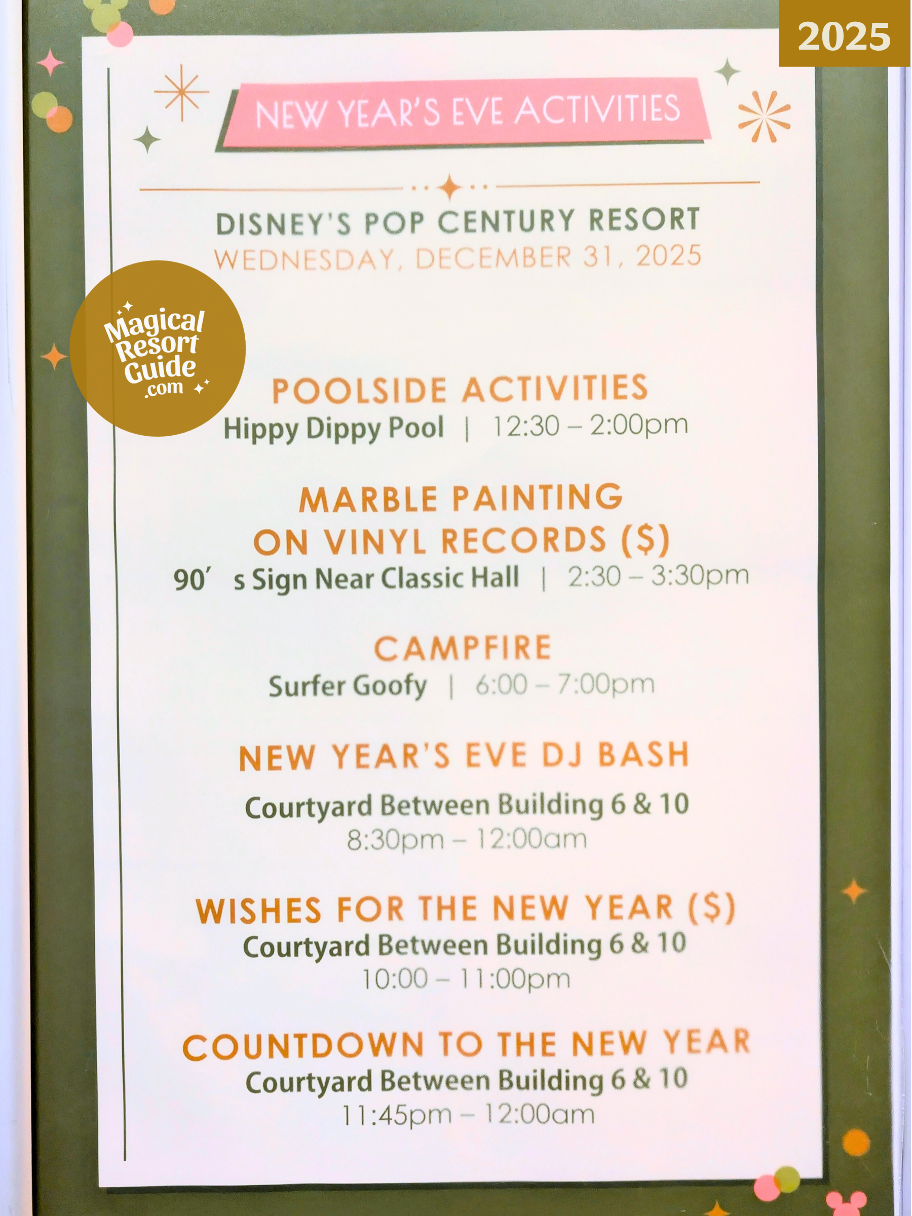 Disney's Pop Century Resort Holiday Activities Activity Calendar New Year's Eve NYE 2025