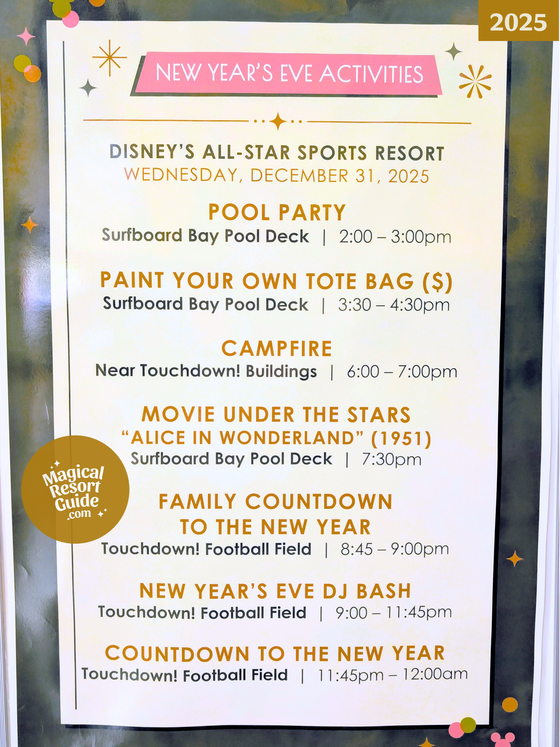 Disney's All-Star Sports Resort New Year's Eve Activities Activity Calendar NYE 2025