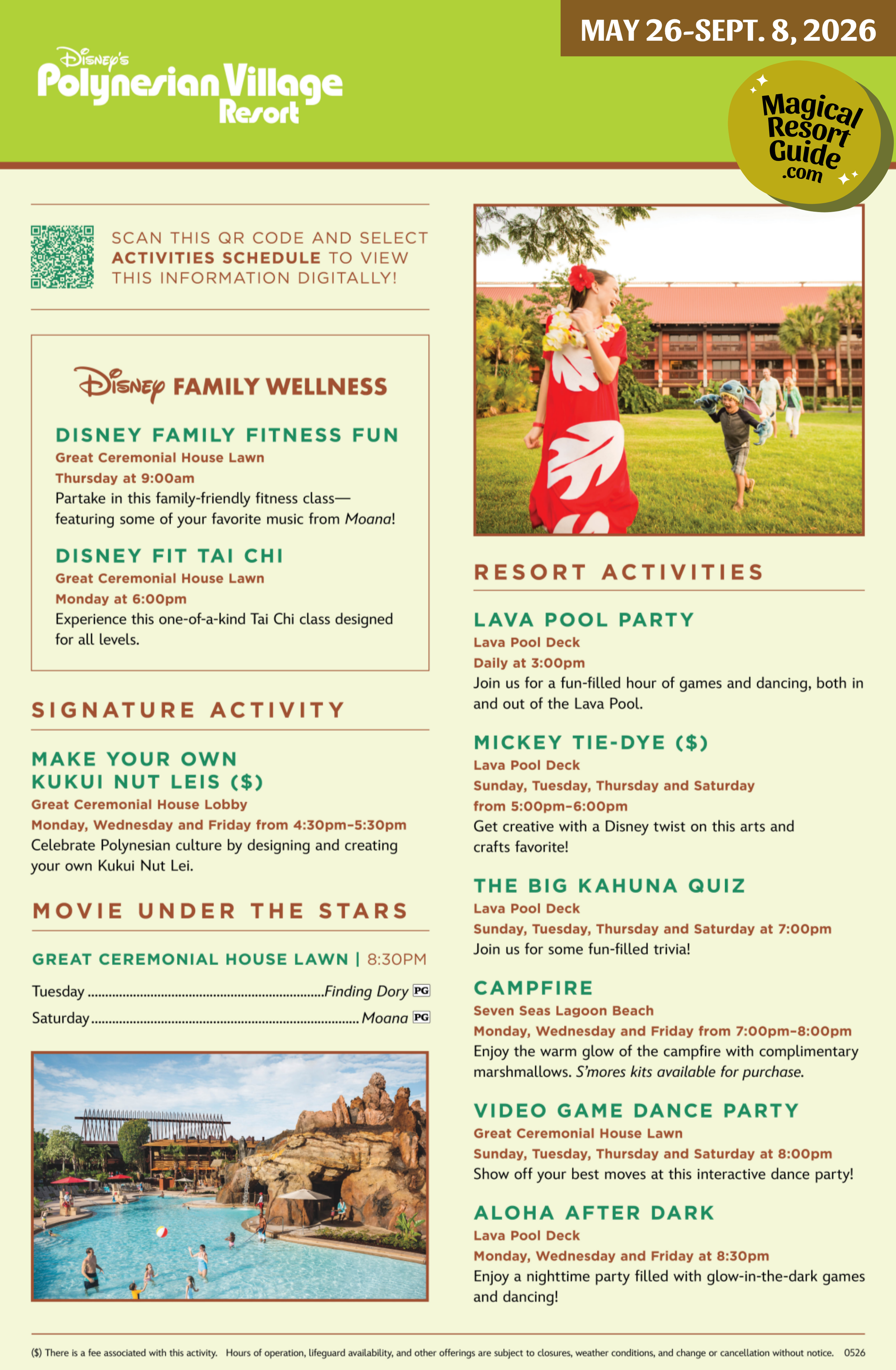 Disney's Polynesian Village Resort Activity Calendar Recreation Schedule May June July August September 2026