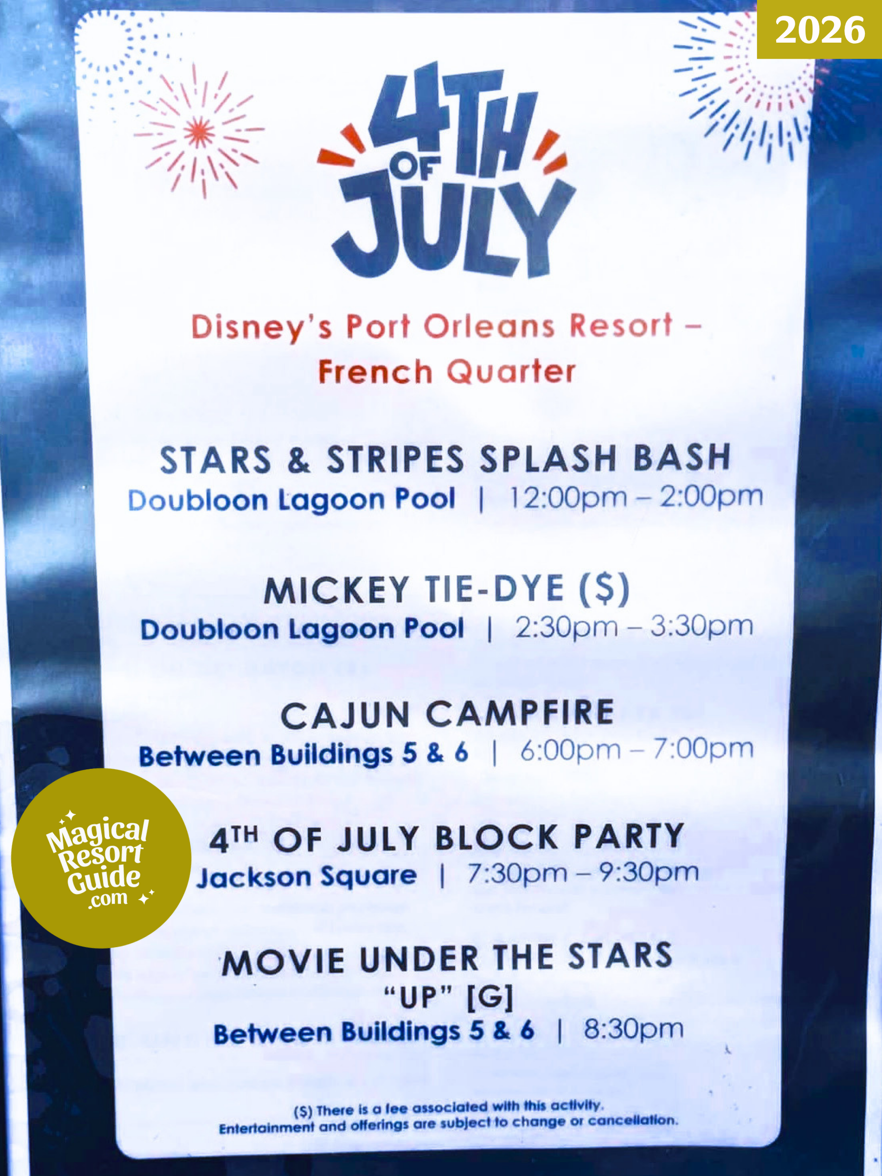 Disney's Port Orleans French Quarter Resort Holiday Activities Activity Calendar July 4 2026