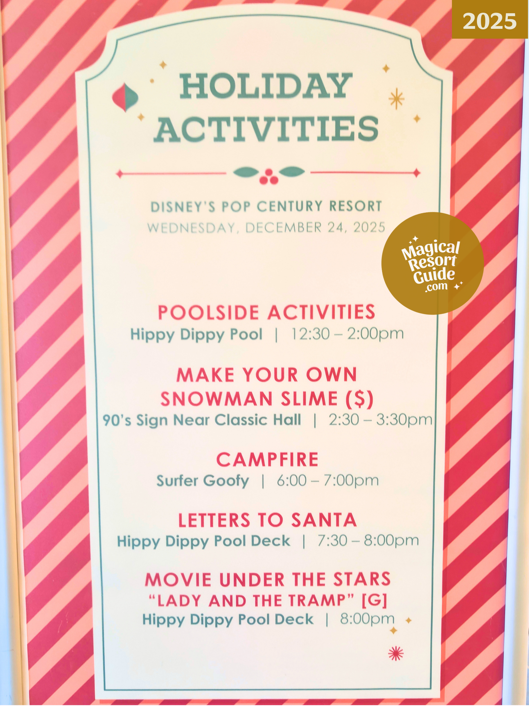 Disney's Pop Century Resort Holiday Activities Activity Calendar Christmas 2025