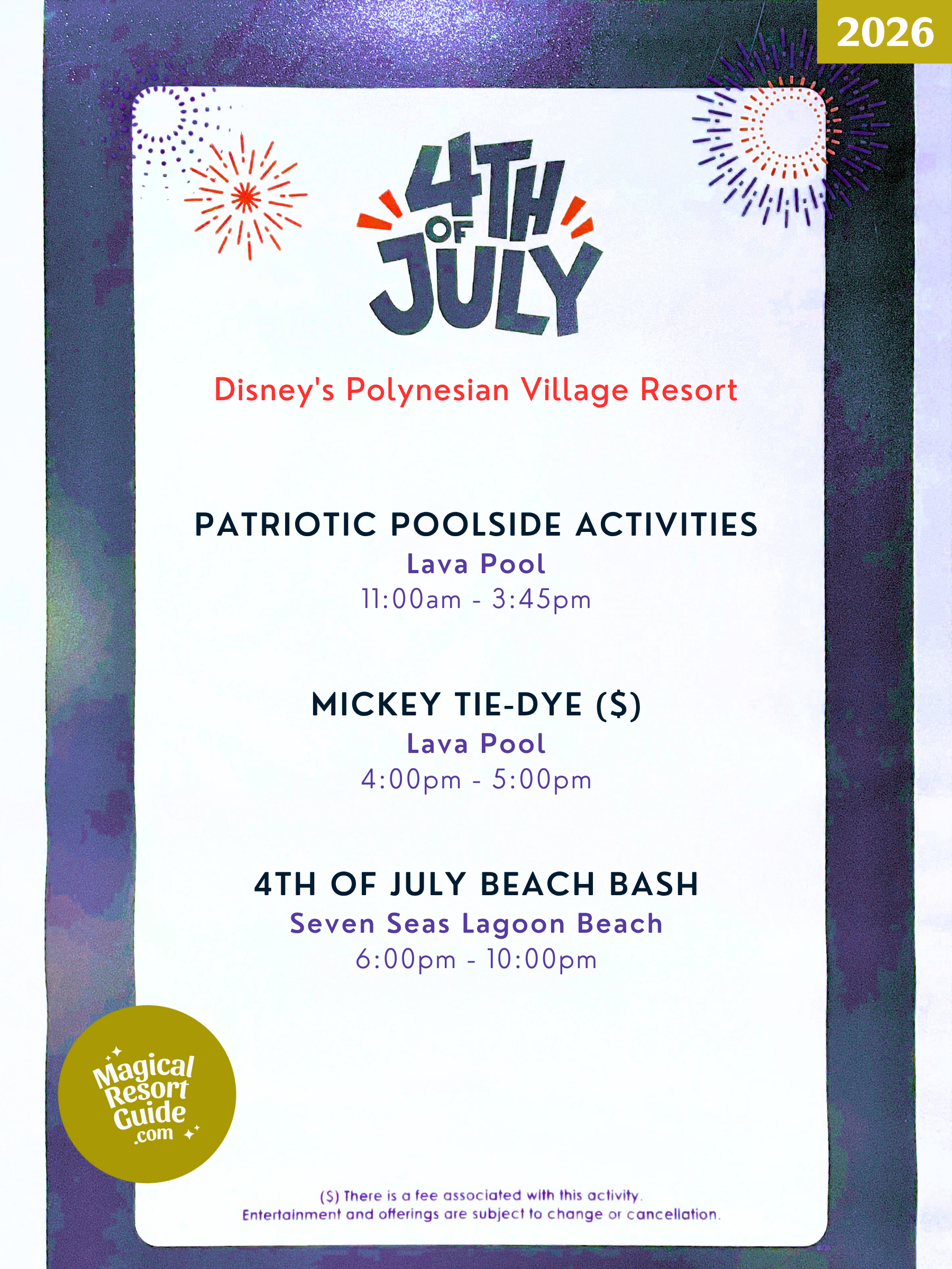 Disney's Polynesian Village Resort Holiday Activities Activity Calendar July 4 2026