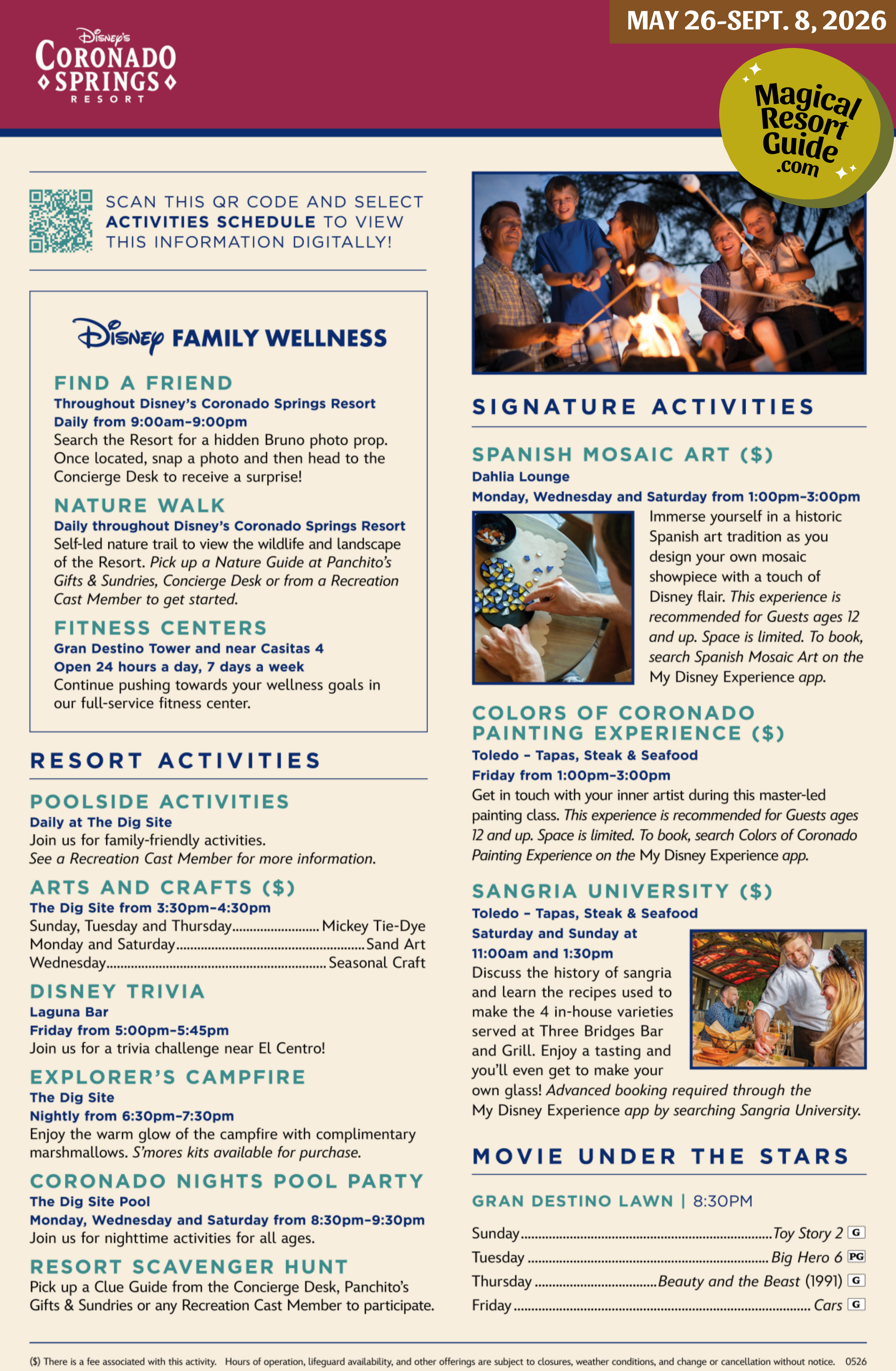 Disney's Coronado Springs Resort Activity Calendar Recreation Activities May June July August September 2026