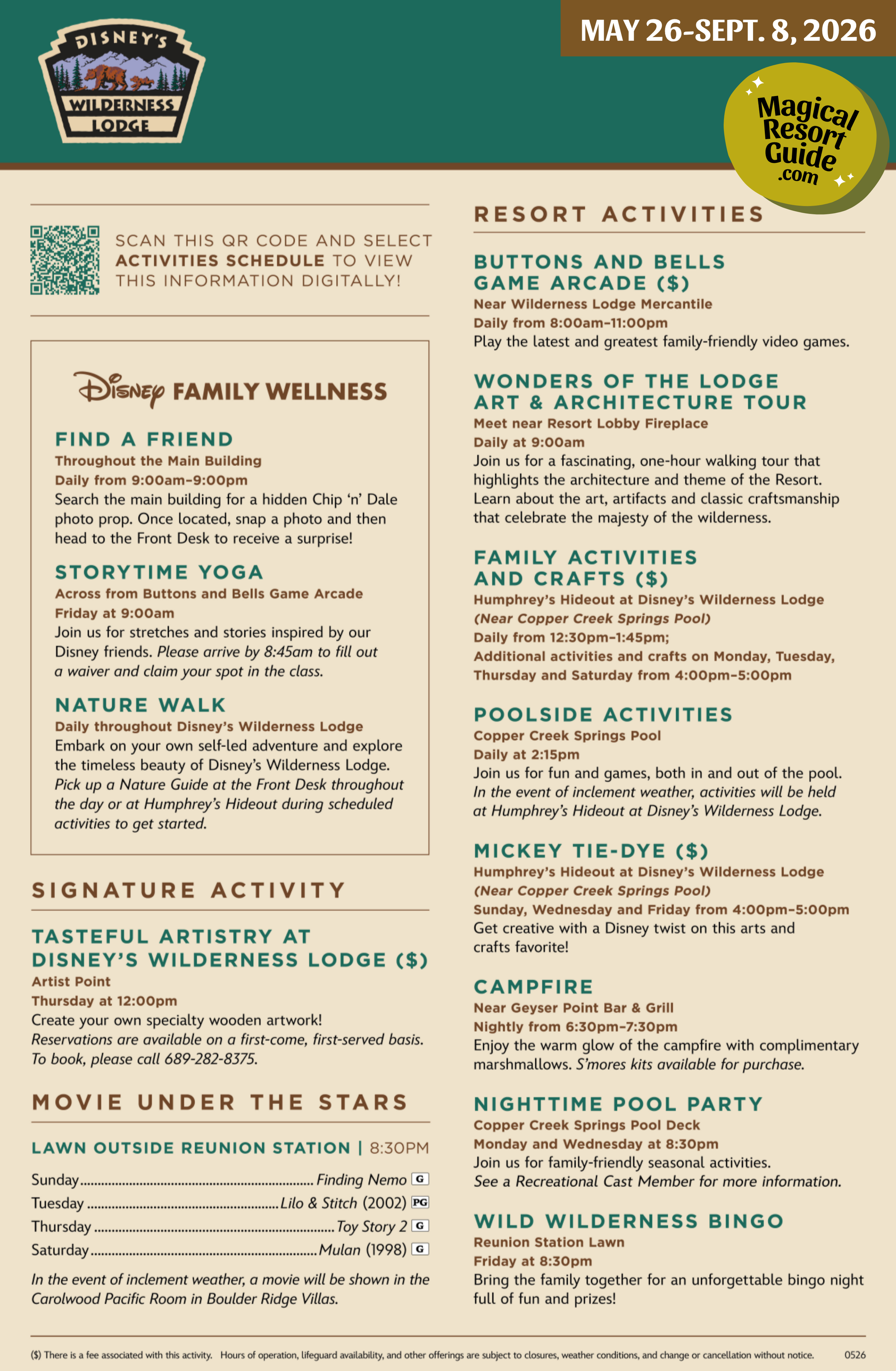 Disney's Wilderness Lodge Resort Activity Calendar Recreation Activities May June July August September 2026